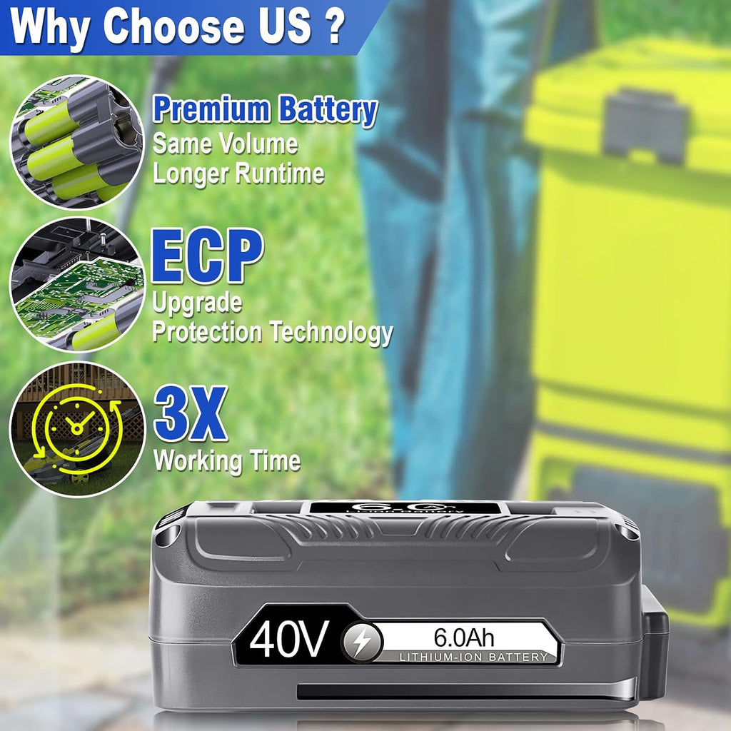 【Upgrade!】 40V 6.0Ah Replacement Battery for Snow Joe/Sun Joe Ecosharp 40V Tools Lithium-ion Battery Snow Blower Lawn Mower Pressure Washer. 40V Wireless iON Models