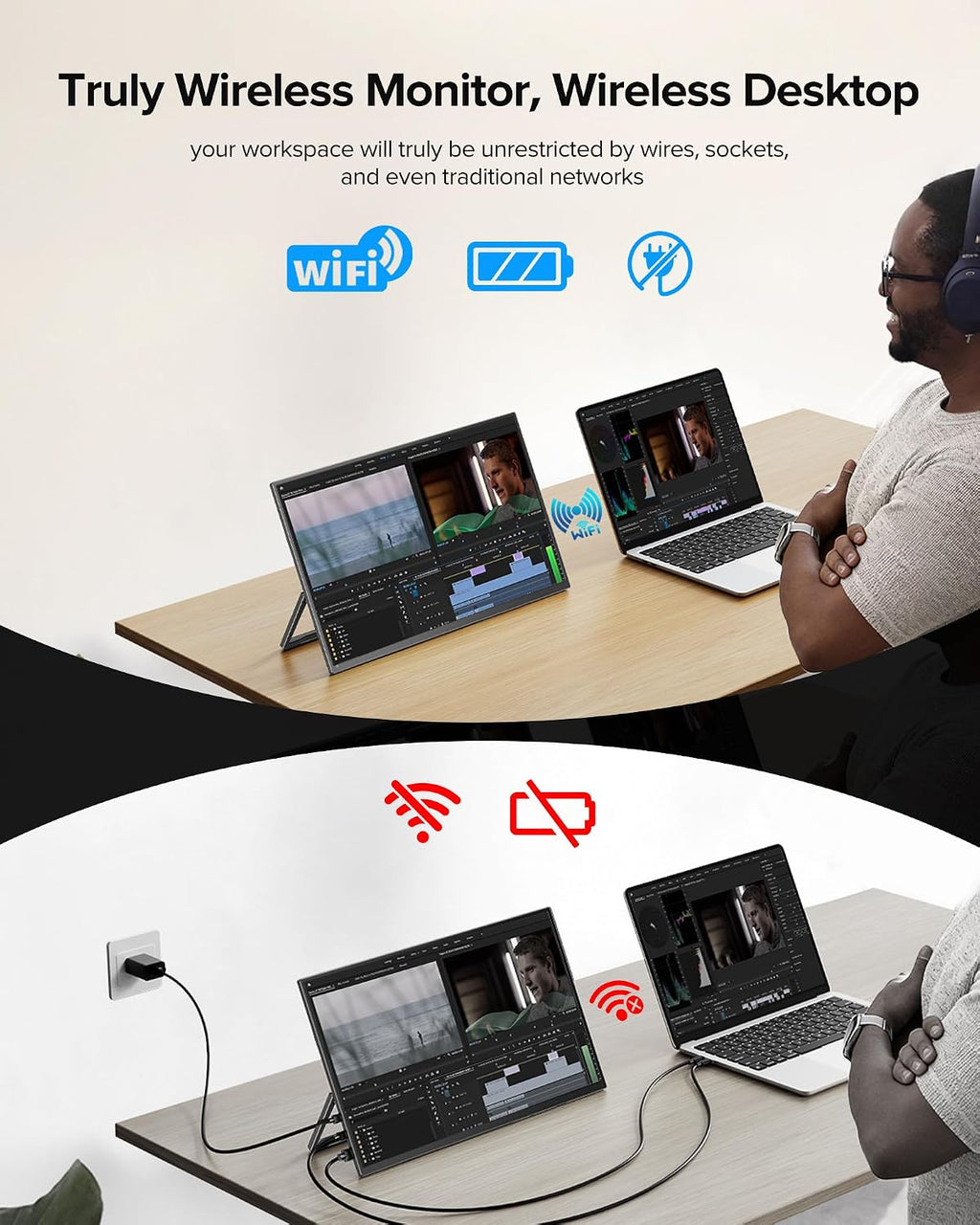 Wireless Portable Monitor with 8000mAh Battery, 15.6' Wireless Monitor, Support AirPlay, Miracast Laptop Display, USB-C & MINI HDMI & VESA, Travel Second Screen for Laptop, Computer, Game Consoles
