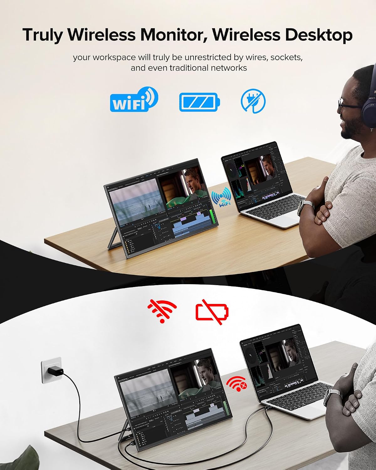 Wireless Portable Monitor with 8000mAh Battery, 15.6' Wireless Monitor, Support AirPlay, Miracast Laptop Display, USB-C & MINI HDMI & VESA, Travel Second Screen for Laptop, Computer, Game Consoles
