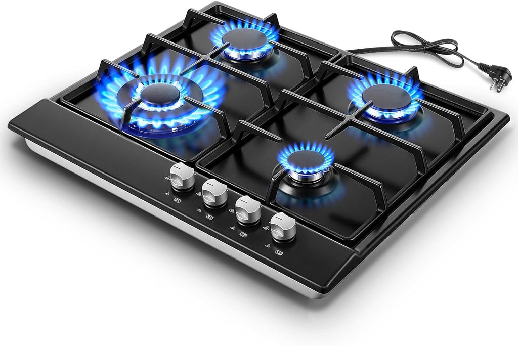 Gas Stove Top 24 inch Eascookchef, 24 inch Gas Cooktop 4 Burner, Bulit-in Stove Top NG/LPG Convertible, Upgrade Black Enamel Propane Cooktop with Thermocouple Protection