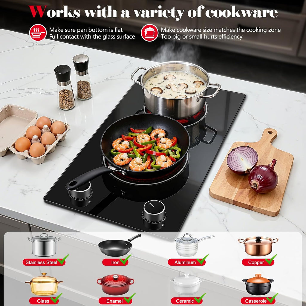 SNDOAS 2 Burner Electric Cooktop,12 inch Built-in 3000W and 9 Power Levels Glass Ceramic Stove Top,Electric Stove with Knob Control,Hardwired 240V for Kitchen,Residual Heat Protection,Easy Clean