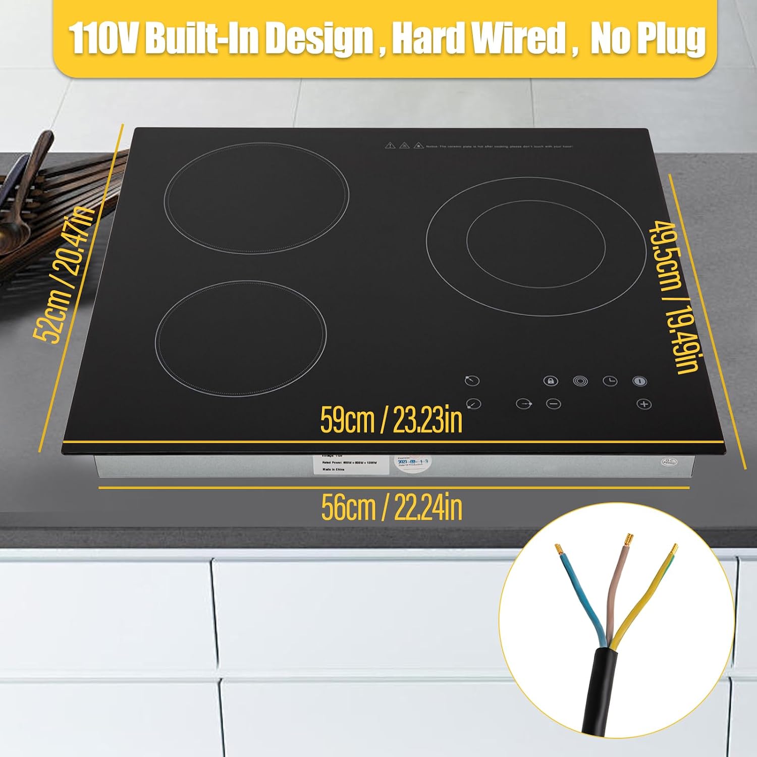 3 Burners Electric Cooktop, 2600W 110V Portable Ceramic Cooktop 23 Inch Built-in Electric Stove Top with LED Display, 9 Heating Level and Kid Safety Lock, Sensor Touch Control (No Plug)