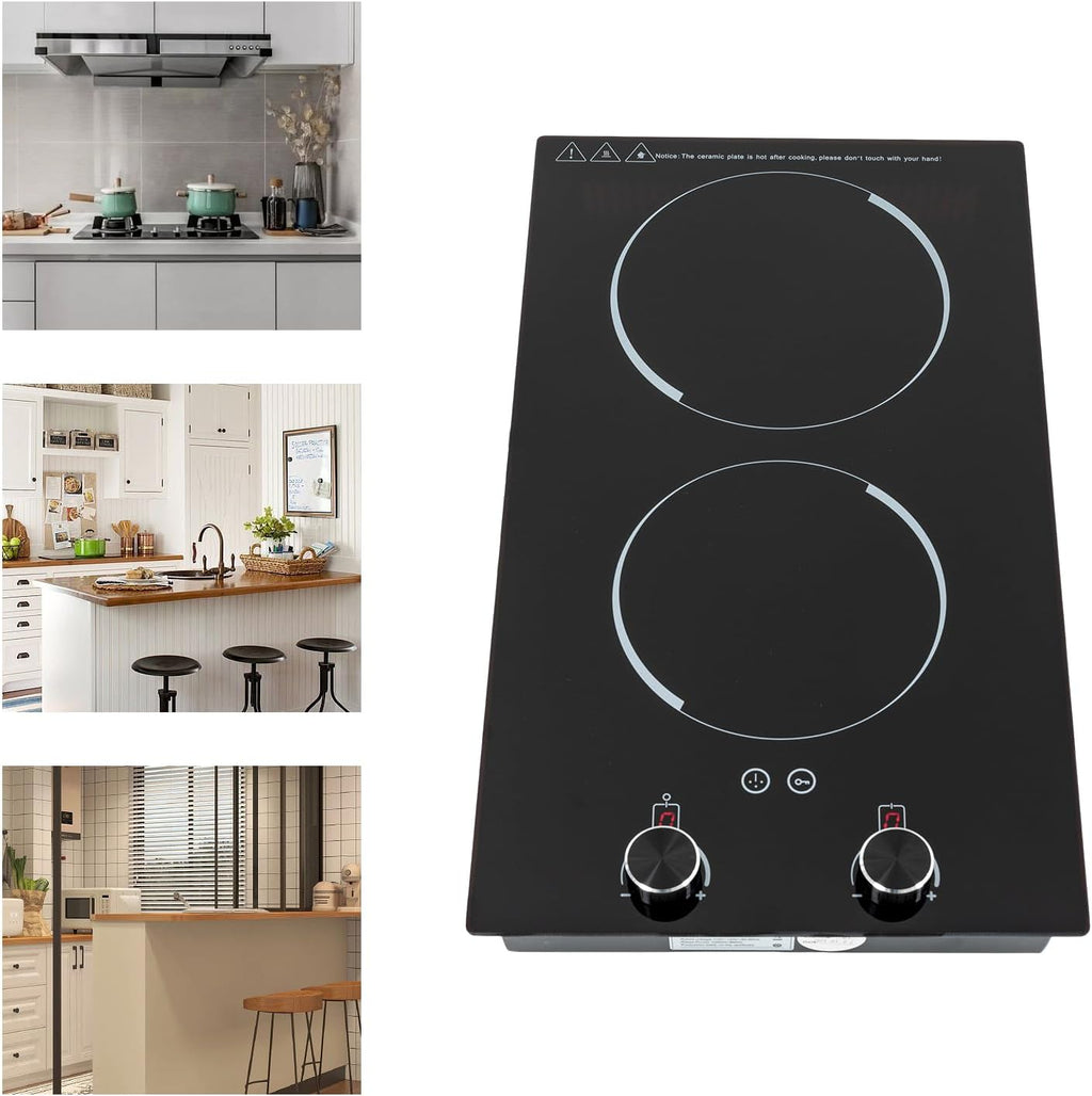 Electric Cooktop, Double Induction cooktop 110-120V Desktop and Built-In Stove Top with Timer & Knob Control, 2100W Ceramic Cooker Heater with 9 Power Levels for Kitchen Cooking