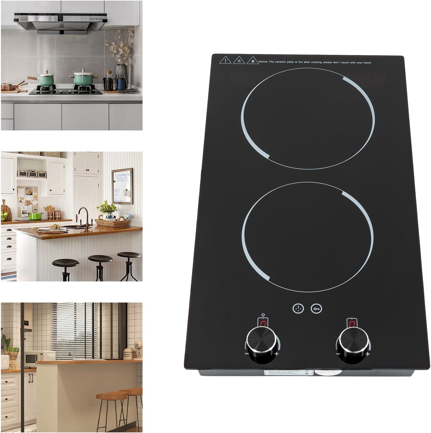 Electric Cooktop, Double Induction cooktop 110-120V Desktop and Built-In Stove Top with Timer & Knob Control, 2100W Ceramic Cooker Heater with 9 Power Levels for Kitchen Cooking