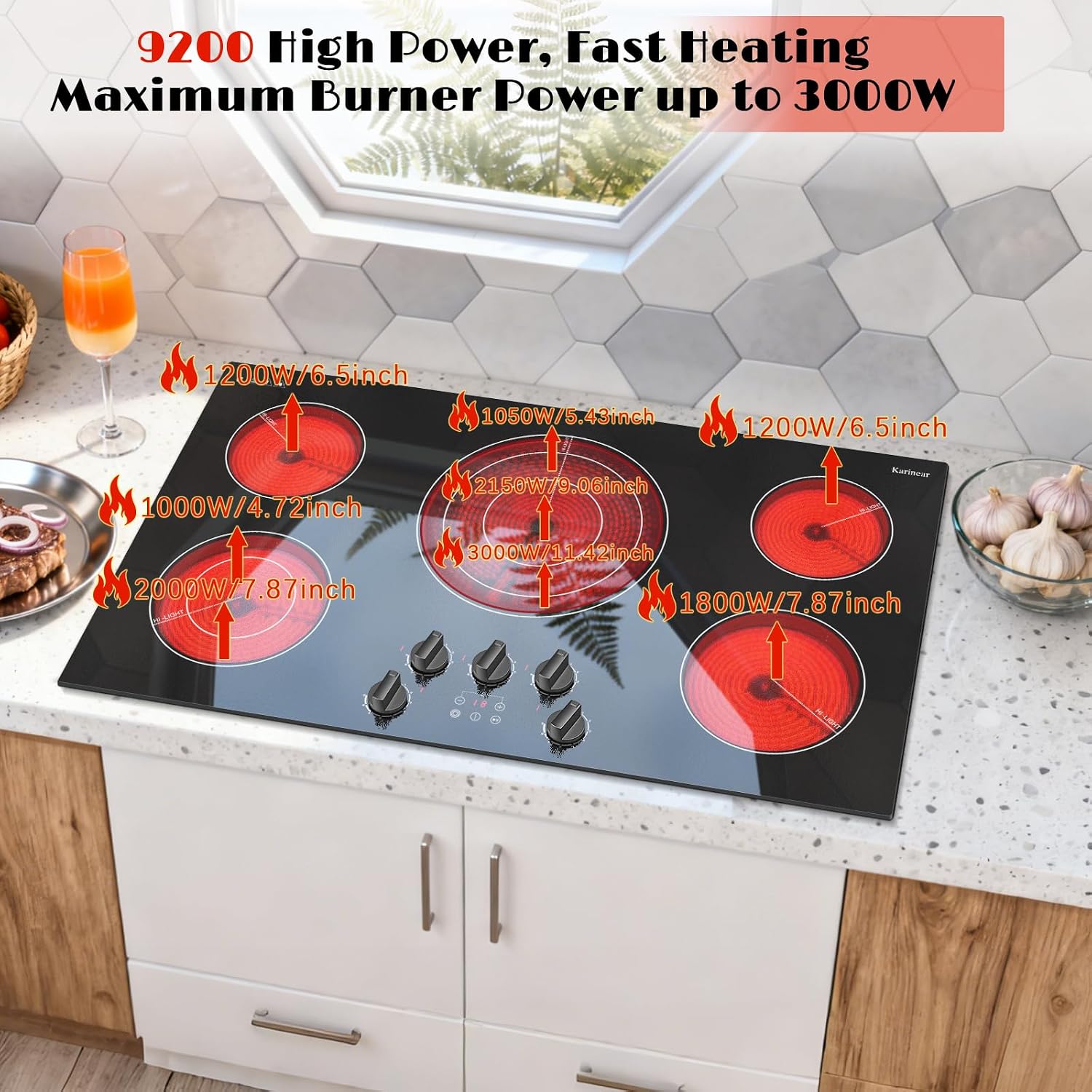 Karinear 36 inch Electric Cooktop, 5 Burner Radiant Cooktop with Knob & Touch Control, 9200W 240V Built-in Stove Top, 9 Power Levels, Timer, Child Lock, Pause, Residual Heat Indicator(Black Knob)