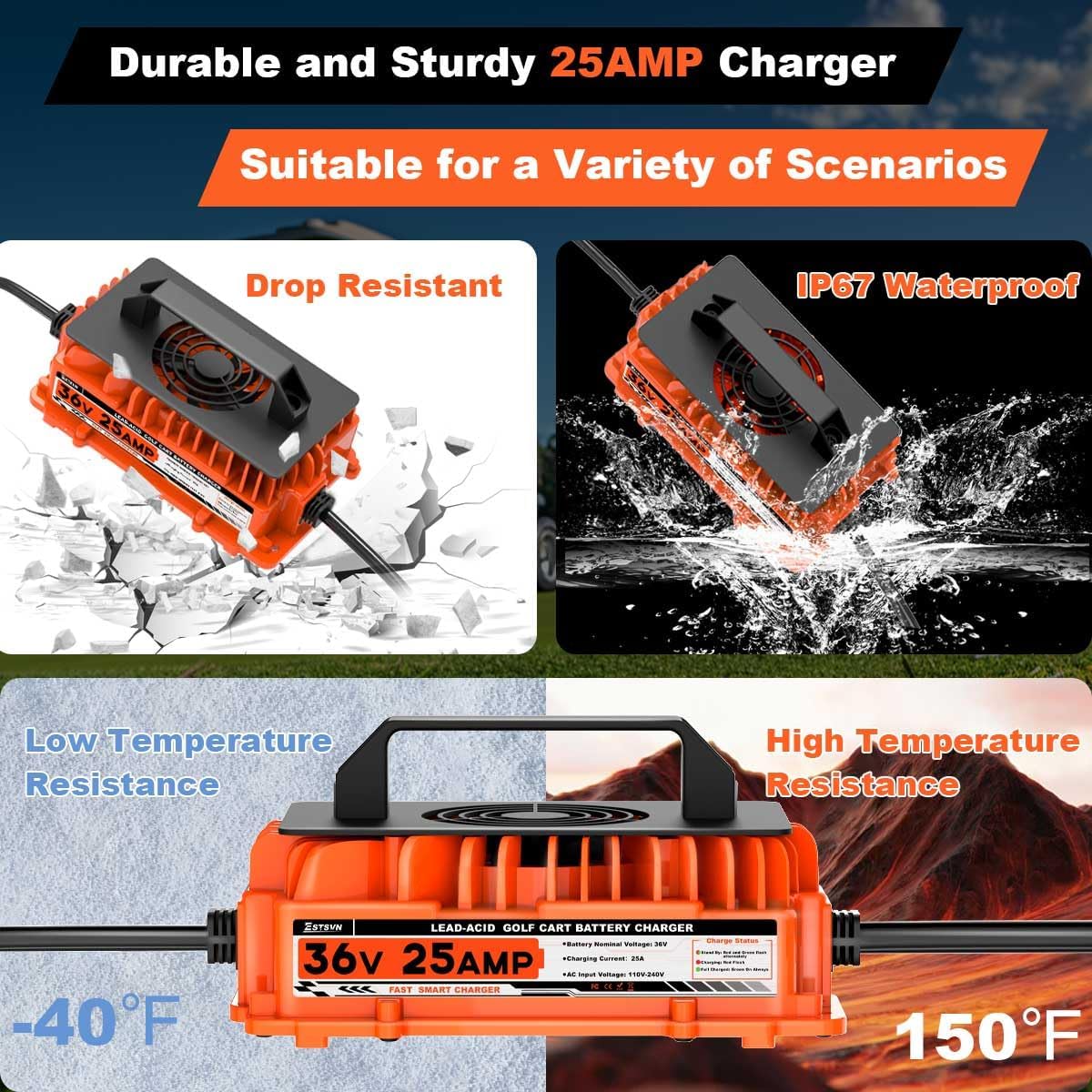 36 Volt 25 AMP Golf Cart Charger for EZGO TXT 36V Golf Cart Battery Charger with 2-Pin D Style Plug Lead-Acid Battery Charger
