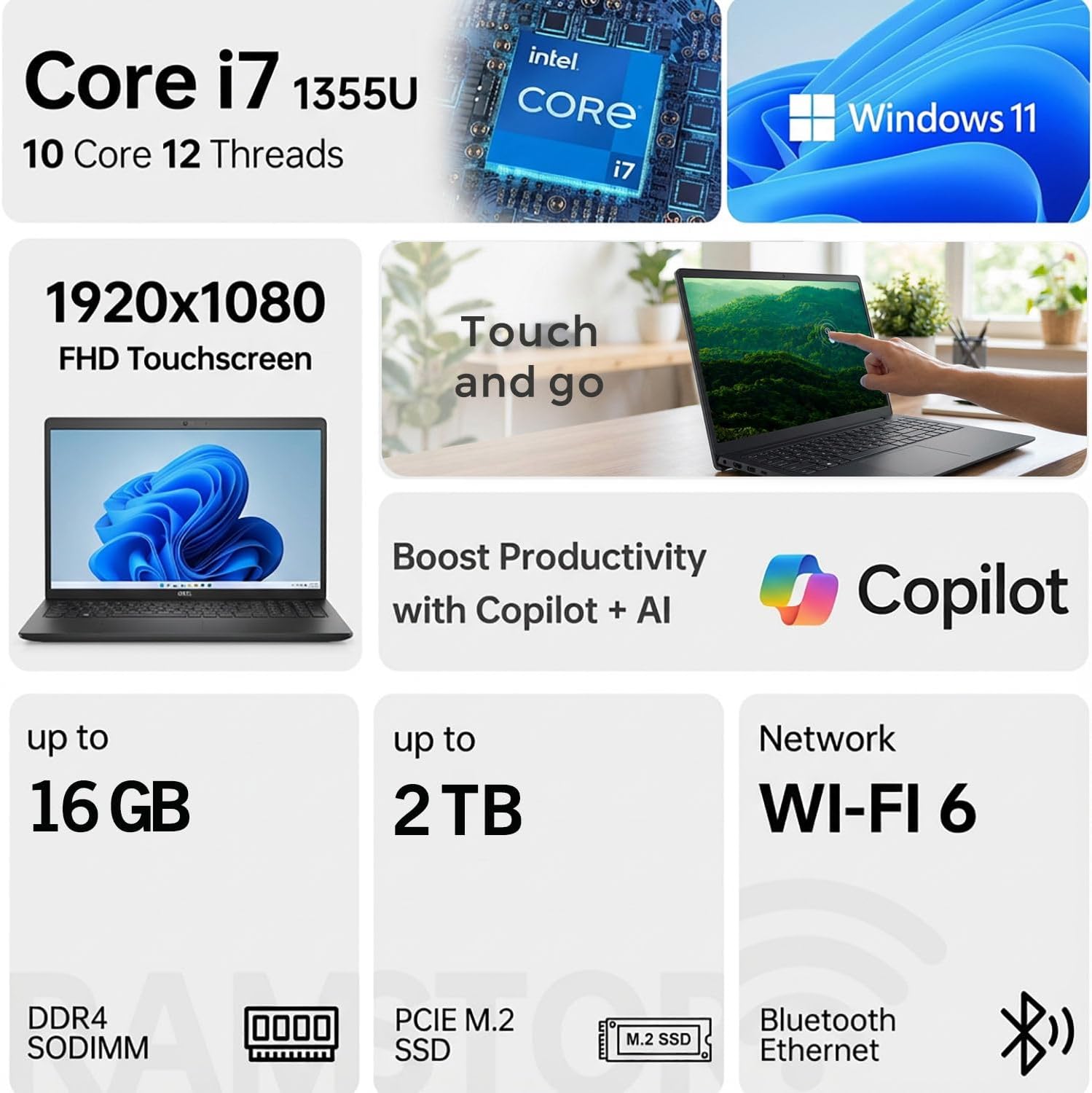 Dell 15.6' FHD Touchscreen Laptop, Intel Core i7-1355U, 16GB RAM, 2TB SSD, Wi-Fi 6 & Bluetooth, Copilot Ai, Windows 11, School, Business & Productivity, WOWPC Recovery USB