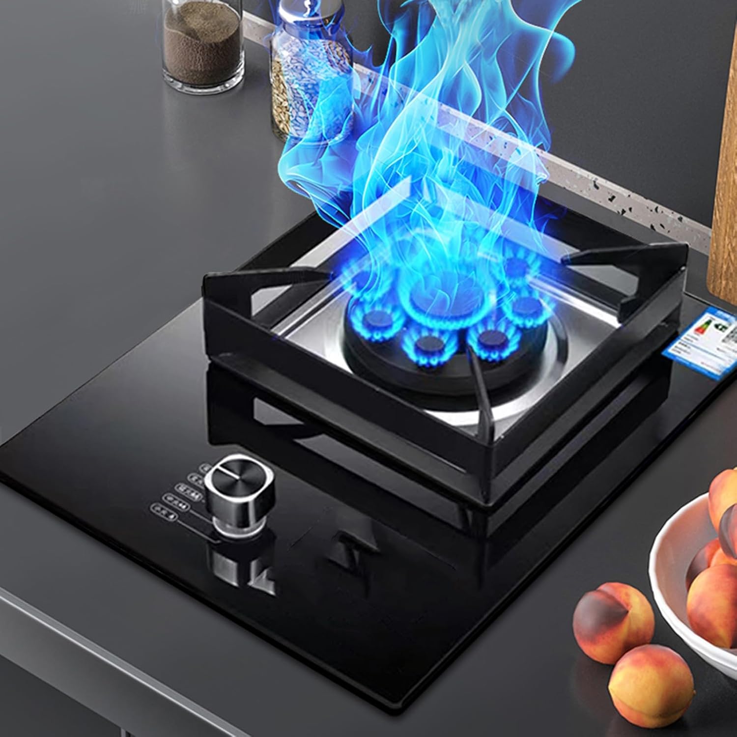 Gas Cooker 1 Burner,5.2KW Nine-Chamber Fire Ring Frying Pan,Tempered Glass Cooktop,with Flameout Protection Device,NG/LPG Gas Conversion(NG)