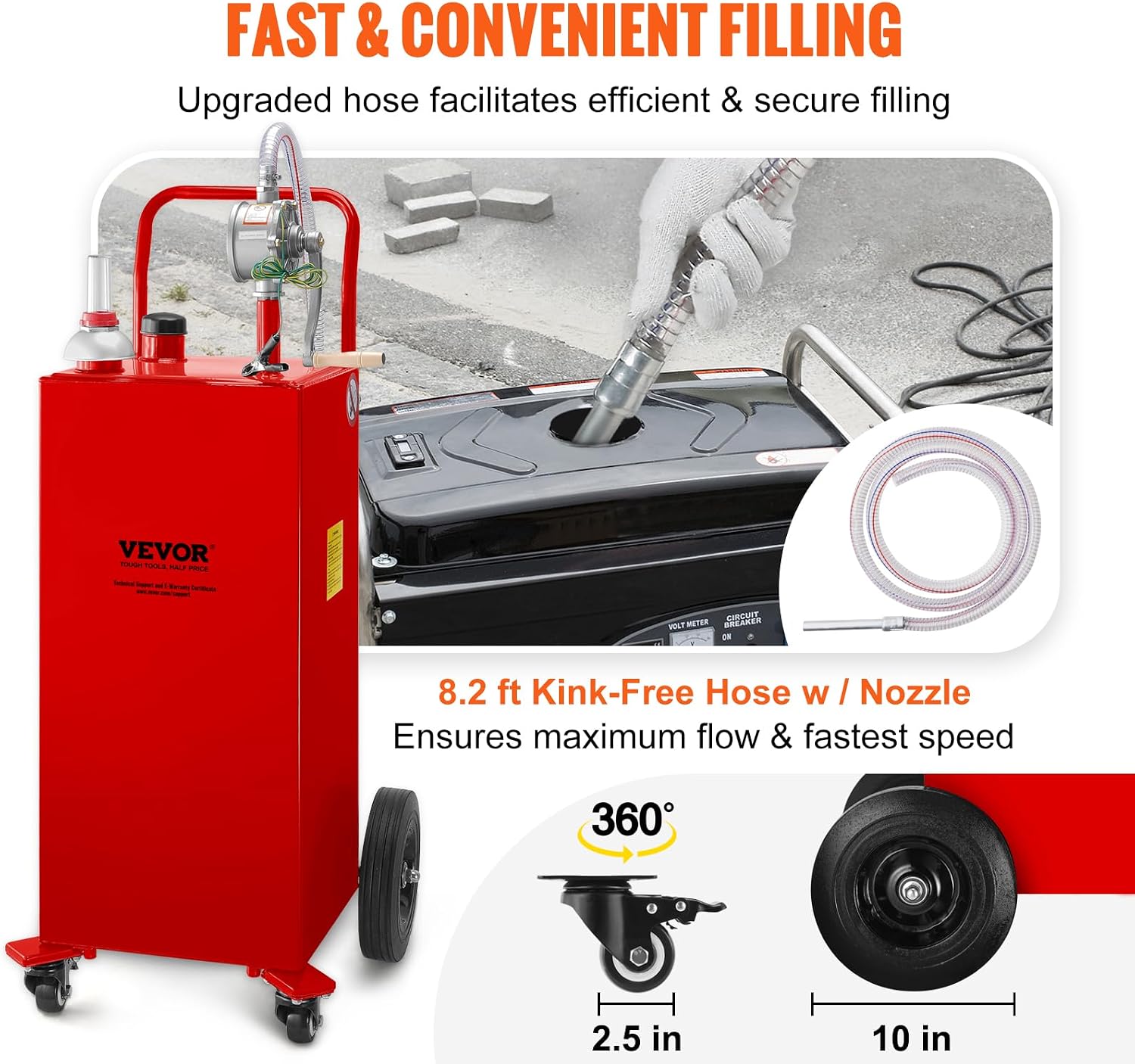 VEVOR 30 Gallon Fuel Caddy, Gas Storage Tank & 4 Wheels, with Manual Transfer Pump, Gasoline Diesel Fuel Container for Cars, Lawn Mowers, ATVs, Boats, More, Red