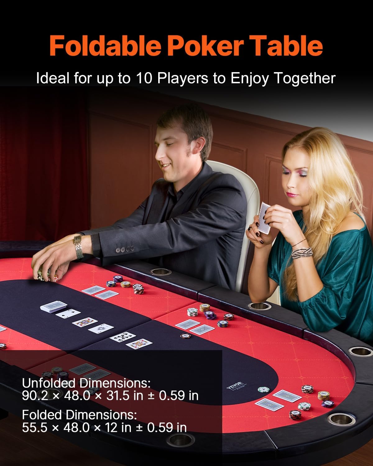 VEVOR 90' Oval Casino Leisure Table: 10 Player, Blackjack Texas Holdem Poker Table with Stainless Steel Cup Holders and Padded Rails, Portable Folding Card Board Game Table