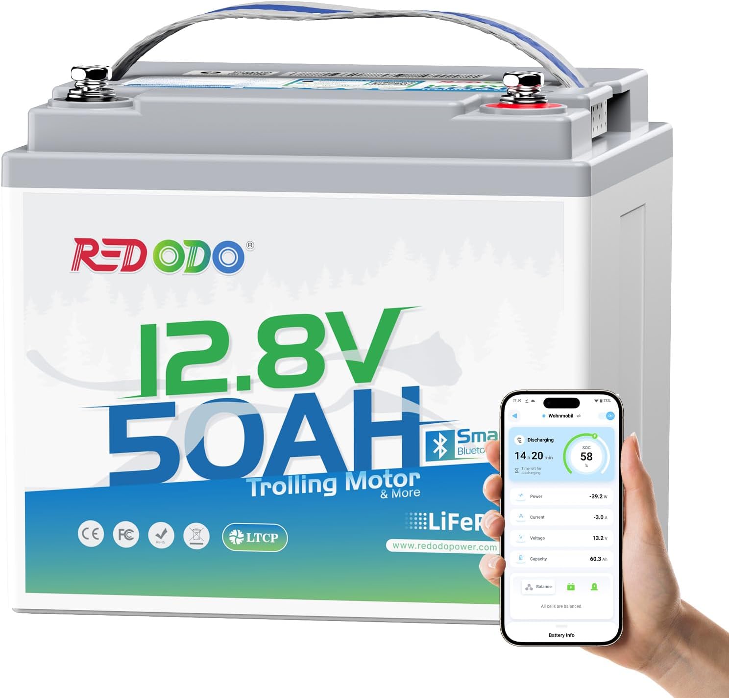 Redodo Bluetooth 12V 50Ah LiFePO4 Battery with Low-Temp Protection, 10 Years Lifetime, Lightweight & Portable Lithium Battery Perfect for RV, Solar, Boat Marine, Trolling Motor, Camping