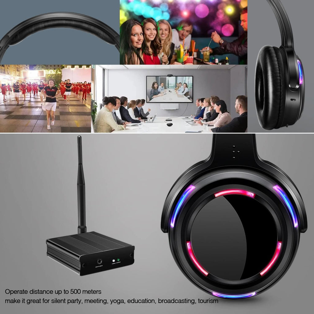 Professional Silent Disco LED Wireless Headphones and RF LED Silent Disco Earphones for iPod MP3 DJ Music Pary Club (10 led Headphone + 2 Transmitter)