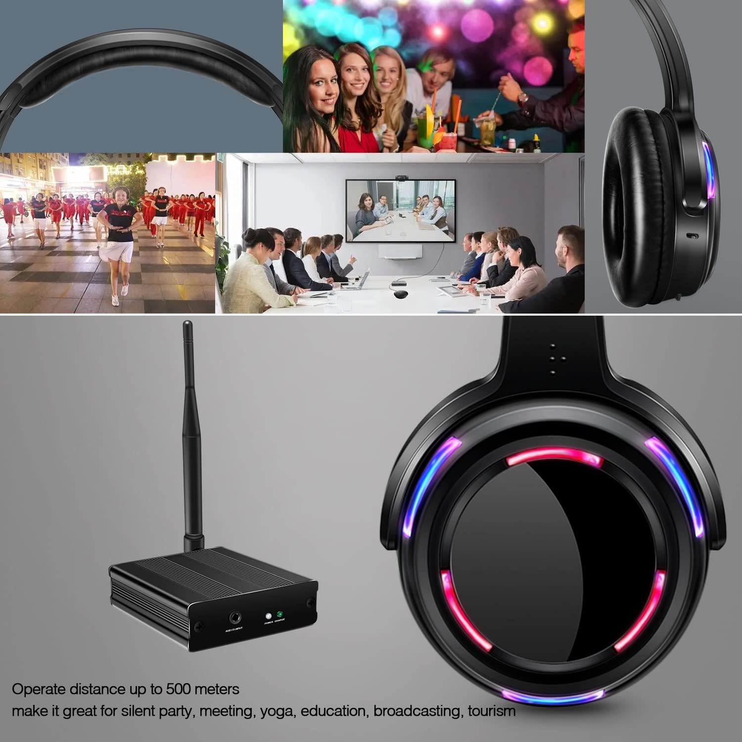 Professional Silent Disco LED Wireless Headphones and RF LED Silent Disco Earphones for iPod MP3 DJ Music Pary Club (10 led Headphone + 2 Transmitter)
