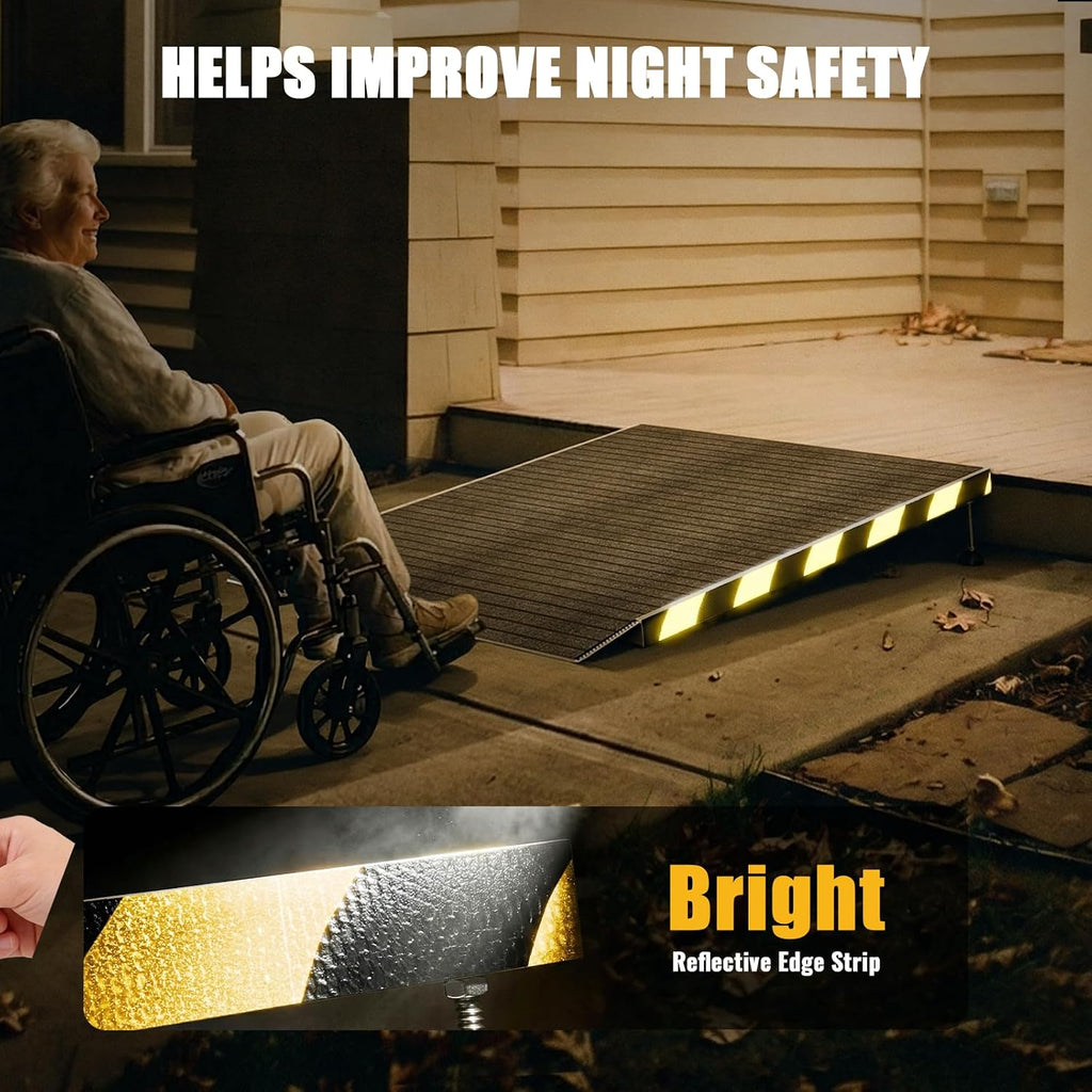Aluminum Threshold Ramp for Doorways, Adjustable 3.34' to 5.3' Rise, 48' Portable Wheelchair Walker Ramp for Home with Adjustable Leveling Feet and Non-Slip Door Mat, for Steps, Curbs and Entryways