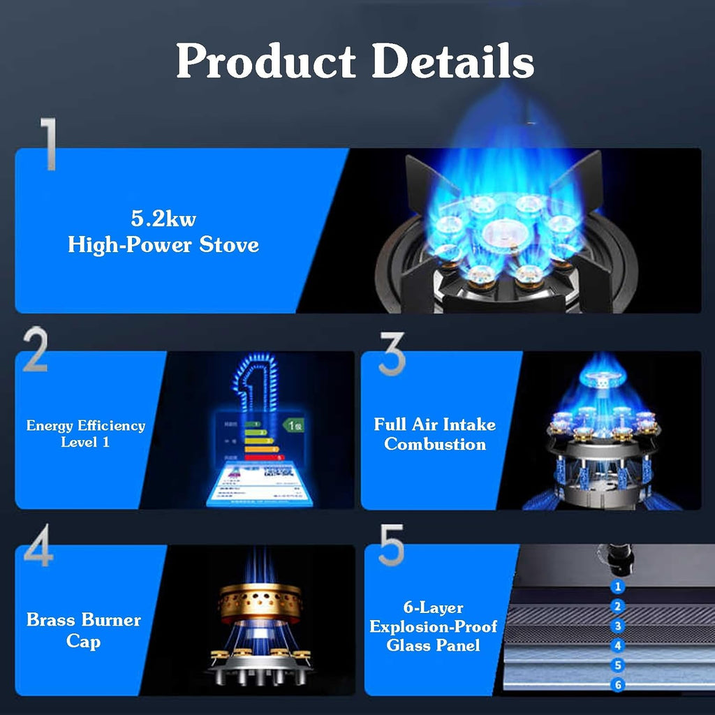 Portable Gas Stove with 1 Burner,5.2KW Camping Gas Cooker,9-Cavity High-fire Glass Freestanding Cooktop,NG/LPG Source Kit,for Home Kitchen(NG)