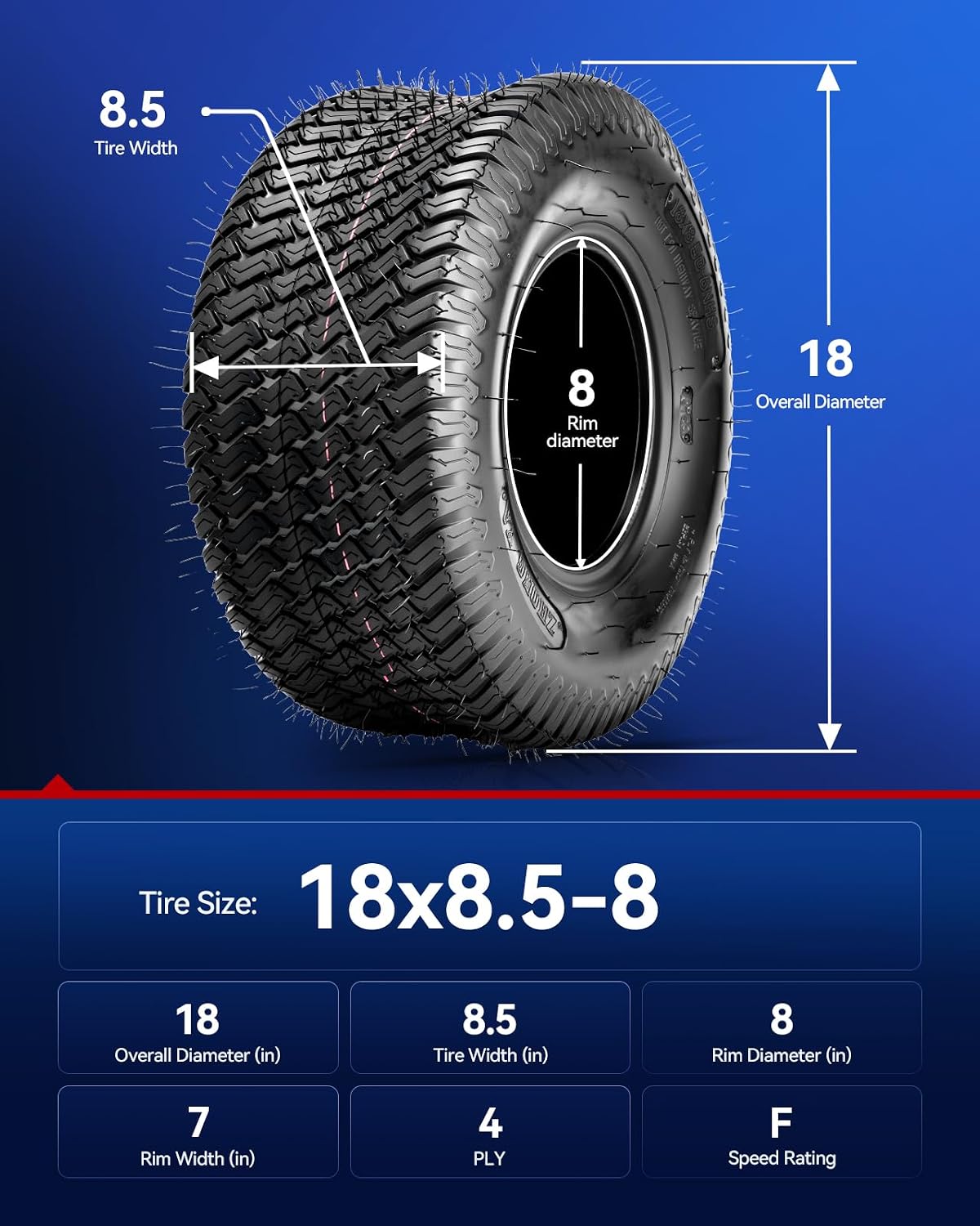 KAX 18x8.5-8 Lawn Mower Tires,18x8.5-8 Mud Tires for Off-Road, Golf Carts,4 Ply, 2Pcs,Tubeless Z-160