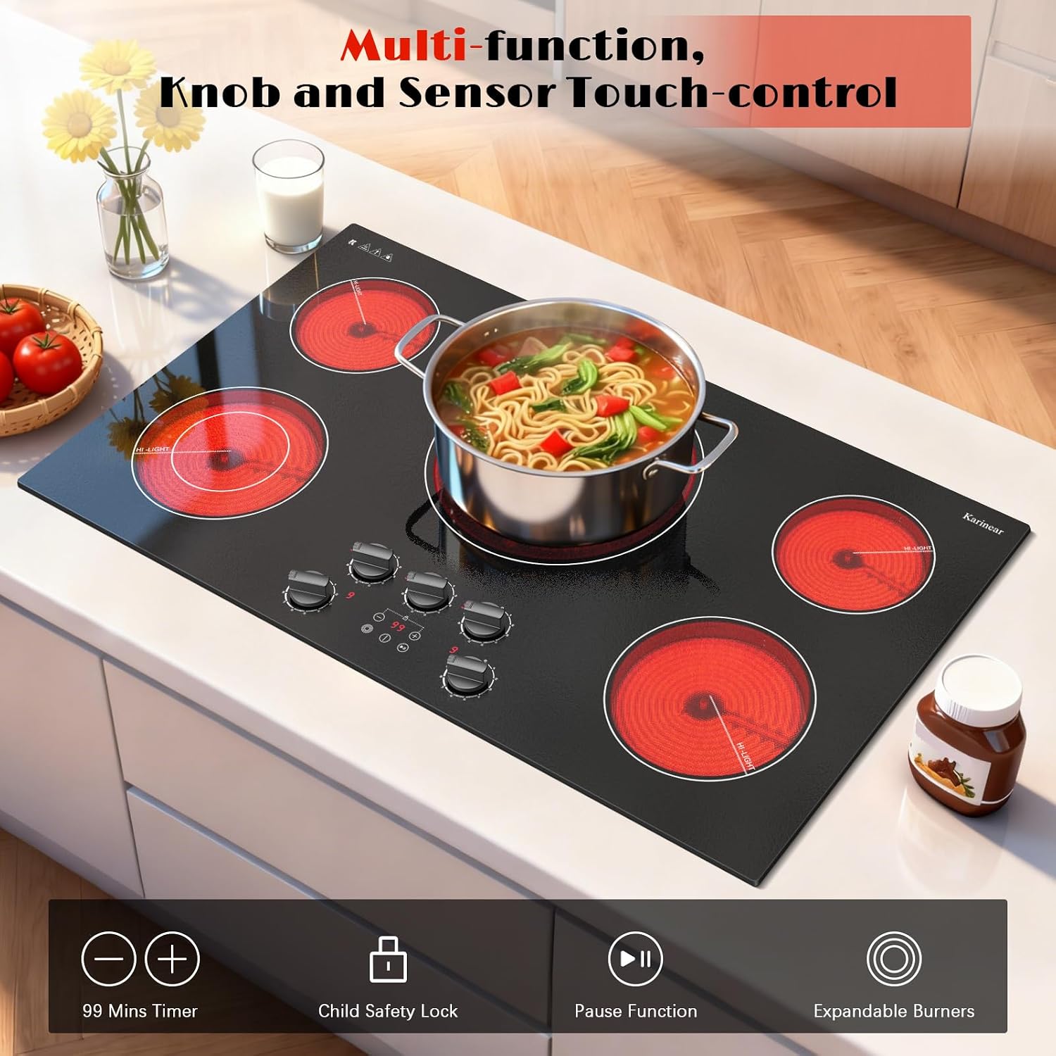 Karinear 36 inch Electric Cooktop, 5 Burner Radiant Cooktop with Knob & Touch Control, 9200W 240V Built-in Stove Top, 9 Power Levels, Timer, Child Lock, Pause, Residual Heat Indicator(Black Knob)