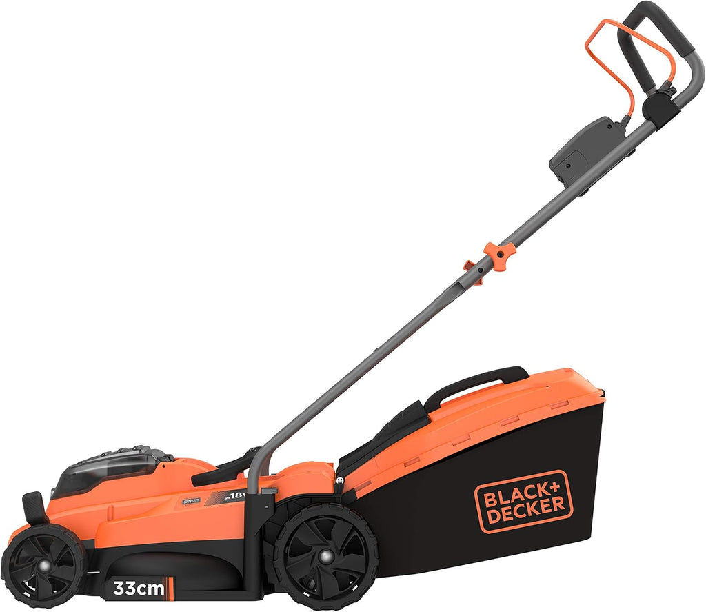 BLACK+DECKER 18 V Battery Lawn Mower (36 V with Two 18 V 2.5 Ah Batteries Supplied) - 33 cm Bull - Adjustable Cutting Height - Basket 35 Litres BCMW3318L2-QW
