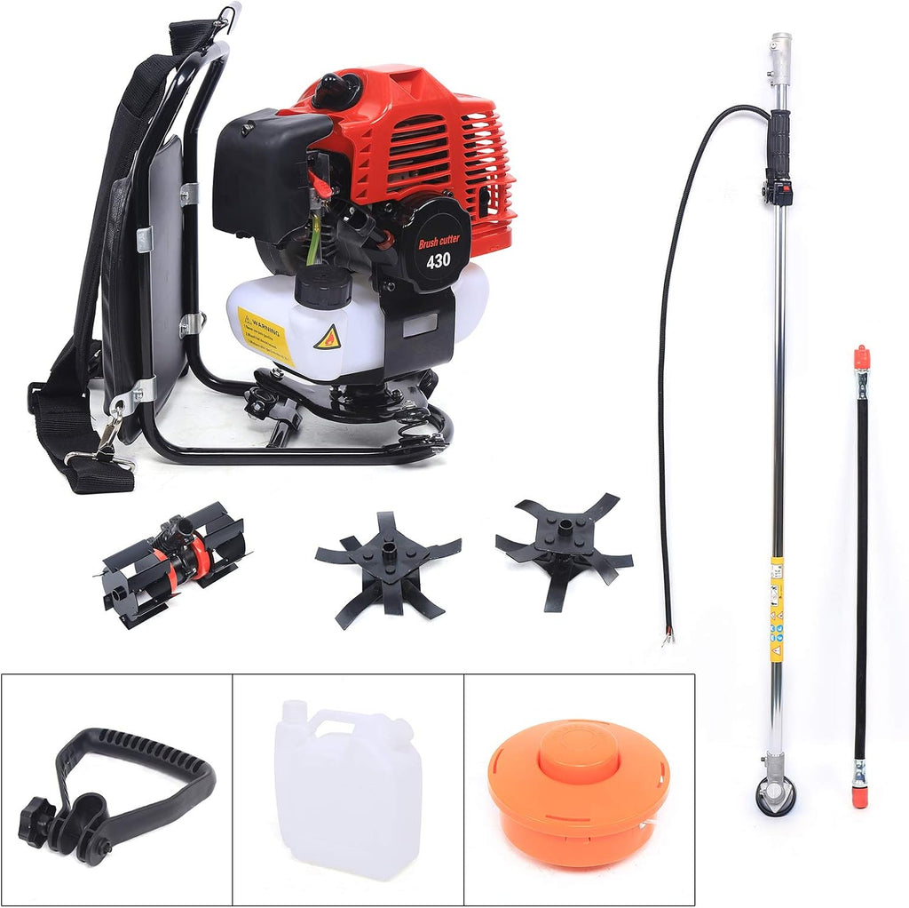 Backpack Gas Garden Brush Cutter Tiller, 3 in 1 43CC 2 Stroke Lawn Mower Brush Cutter Grass Hedge Trimmer, Cultivator Lawn Mower for Farmland Weeding Harvesting Clearing Ditching (2-Stroke)