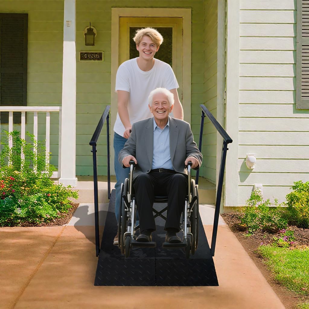 4FT Wheelchair Ramp with Handrails for Home Steps, 1000 LB Capacity, for 4-8in Rise Steps, Non-Slip Iron Handicap Ramps with Handrails, for Doorways Curbs Stairs, L45 x W33 (Black, 45in)