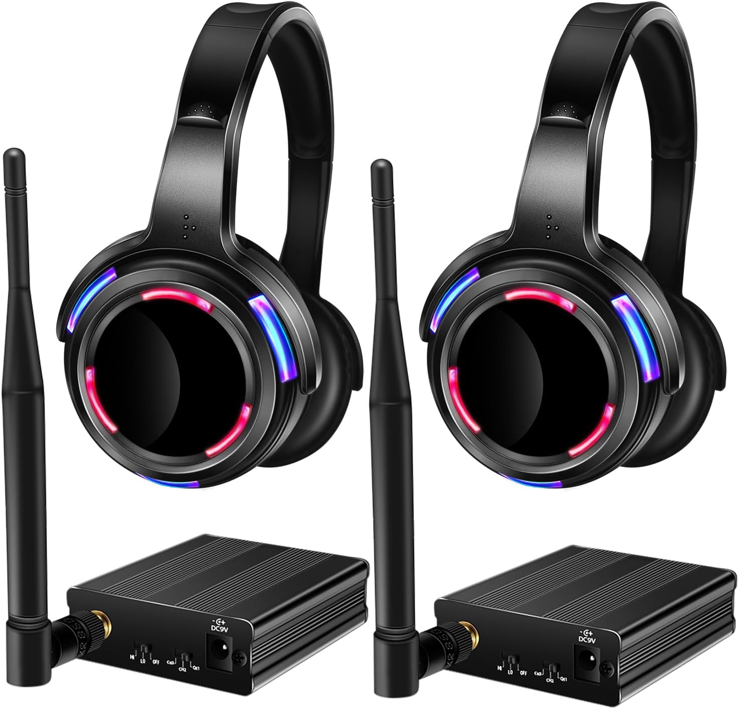 Professional Silent Disco LED Wireless Headphones and RF LED Silent Disco Earphones for iPod MP3 DJ Music Pary Club (2 led Headphone + 2 Transmitter)