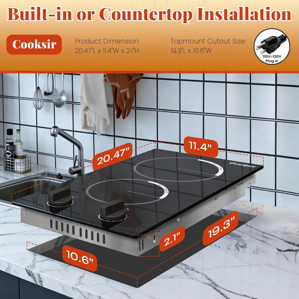 2 Burner Electric Cooktop - 110v Countertop and Built-in Electric Stove 2000W, 12 Inch Ceramic Stove with Residual Heat Indicator, Over-Temperature Protection, Knob Control, 110-120V Plug in