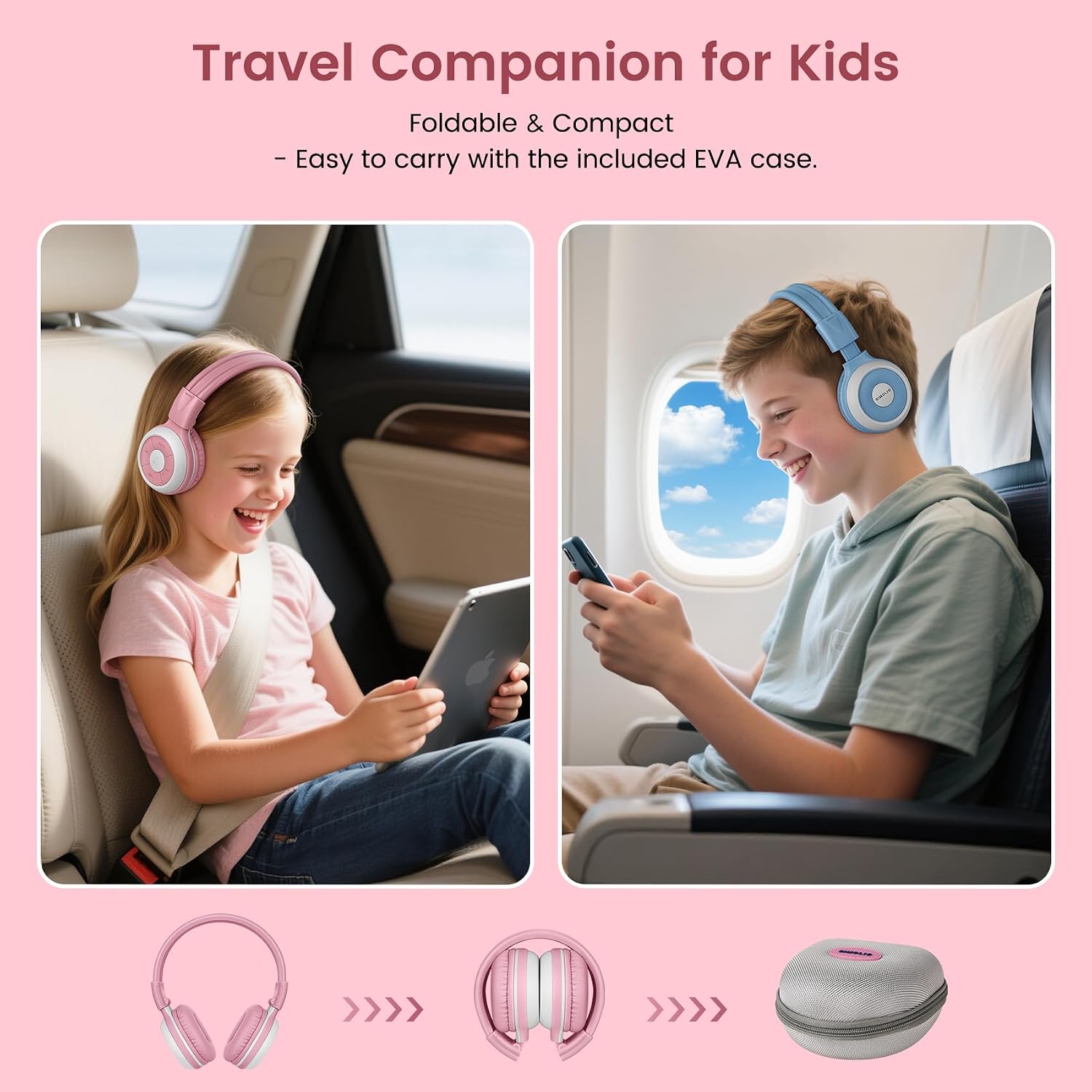 SIMOLIO Kids Wireless Bluetooth Headphones with Mic, Auracast & Volume Limiter, Share Audio, Foldable, Compact Case, Perfect for Travel, School, and Online Learning