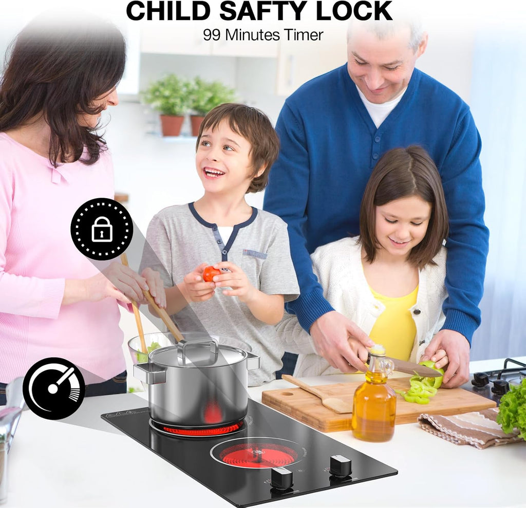 2 Burner Electric Cooktop, 2100W Electric Stove Top Hot Plate, 12 inch Countertop Burner & Built-In Stove Top, 9 Levels of Power, Knob Control, Timer & Kid Safety Lock, Residual Heat Warning