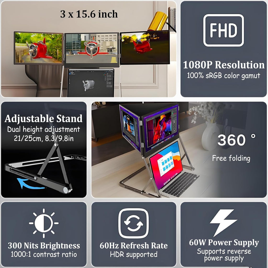 15.6in Laptop Tri-Fold Monitor, 1920 x 1080 FHD Portable Laptop Screen Extender, Extended Screen with 360° Rotation Acjustable Viewing Angles