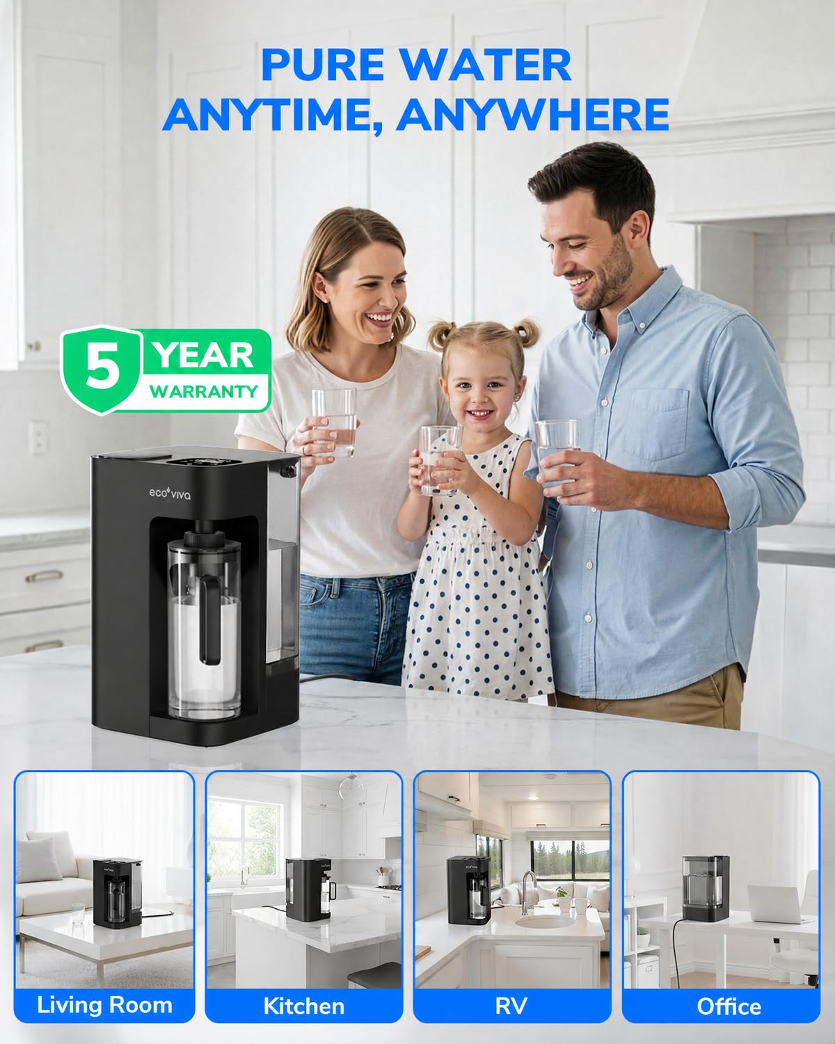 Ecoviva Mate 3 Countertop Reverse Osmosis Water Filter with 2 Auto-Fill Pitchers, 8-Stage RO Filtration System, Installation-Free, Reduces TDS, 3:1 Pure-to-Drain Ratio, Home & Kitchen, Black