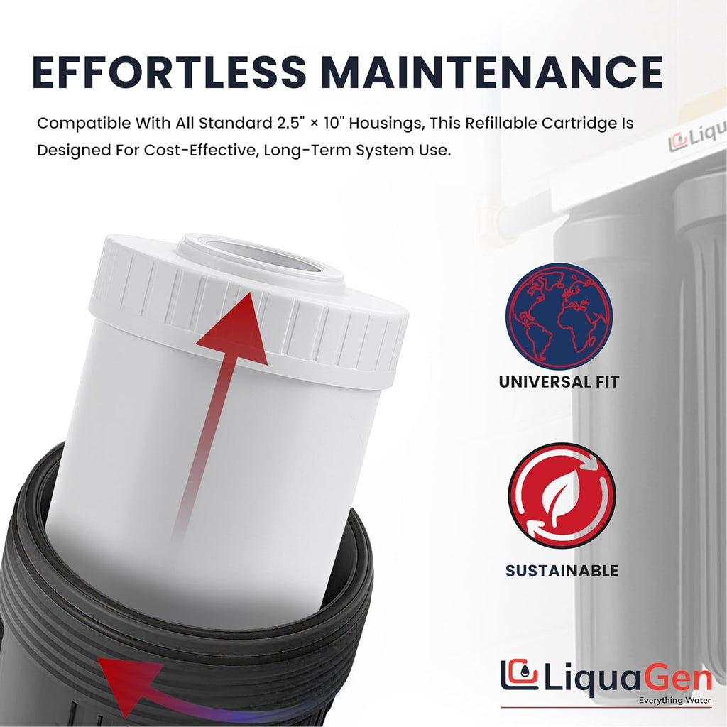 LiquaGen Bone Char Water Filter Replacement Cartridge – Helps Reduce Fluoride – Universal Refillable Filter for Whole House & Drinking Water – 2.5x10, 2.5x20, 4.5x10, 4.5x20 (4, 2.5' x 10')