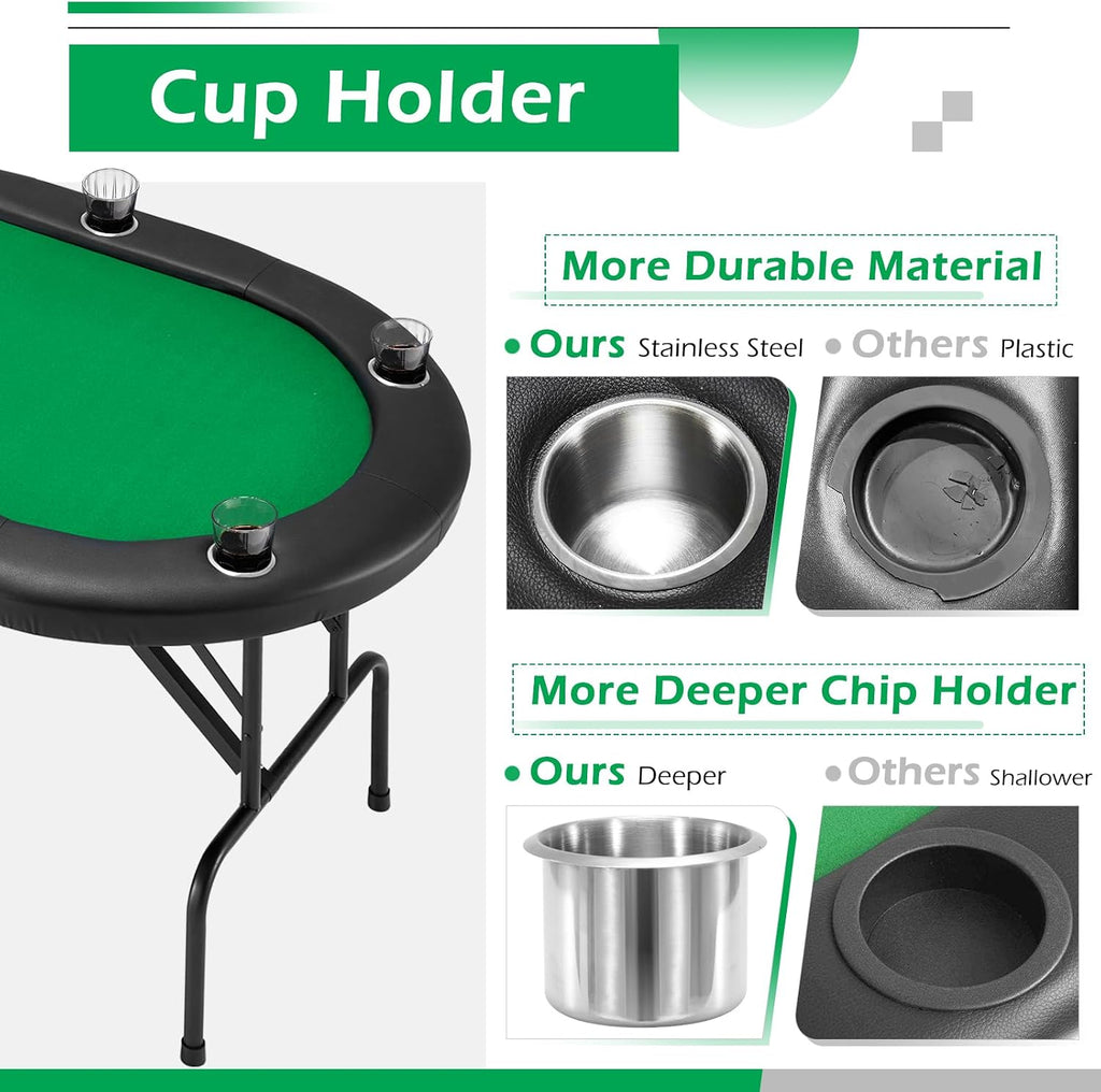 ECOTOUGE Poker Table Foldable, 8 Players Gaming Table w/Stainless Cup Holder & Portable Storage Bag, Folding Oval Blackjack Table for Texas Casino Leisure Game, No Assembly Required, Green
