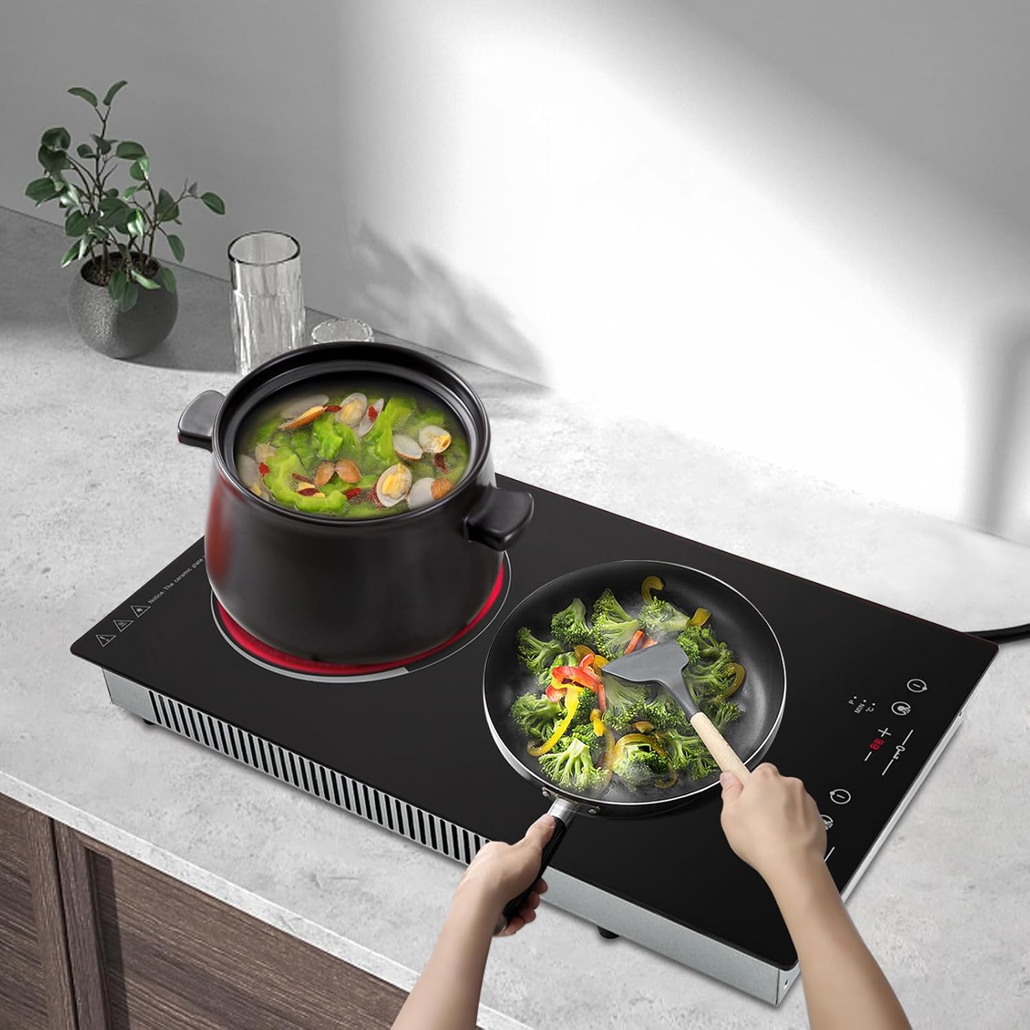 Electric Cooktop,Ceramic Cooktop with 2 Burners,Touch-adjustable Control Built-in Radiant Stove with LED Display Screen,Ceramic Cooktop with Safety Lock,Timer,Over-Temperature Protection