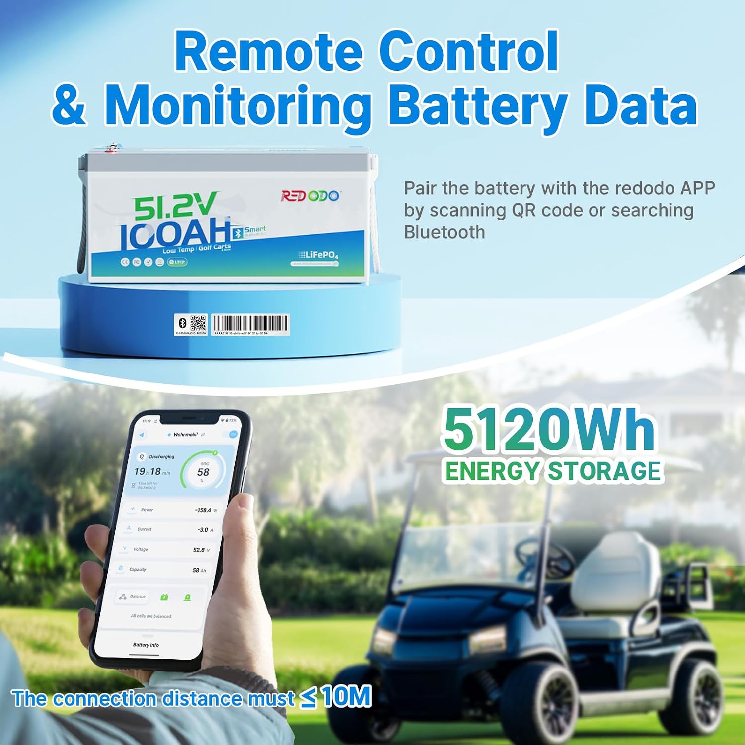 Redodo 48V 100Ah Lithium Golf Cart Battery, Smart 200A BMS, Bluetooth & Low-Temp Protection, 4000+ Deep Cycles LiFePO4 Battery, Max 20.48kW Power Output, Perfect for Golf Carts