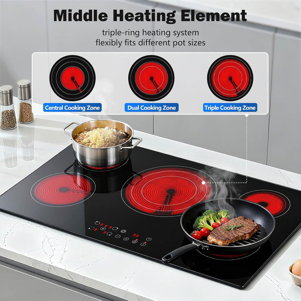 SNDOAS 36 inch Electric Cooktop,5 Burners 9000W Built-in Glass Ceramic Electric Stove Top w/Touch Control,9 Power Levels,Child Lock,Triple-Ring Zone,240V Hardwired for Kitchen Countertop 36'