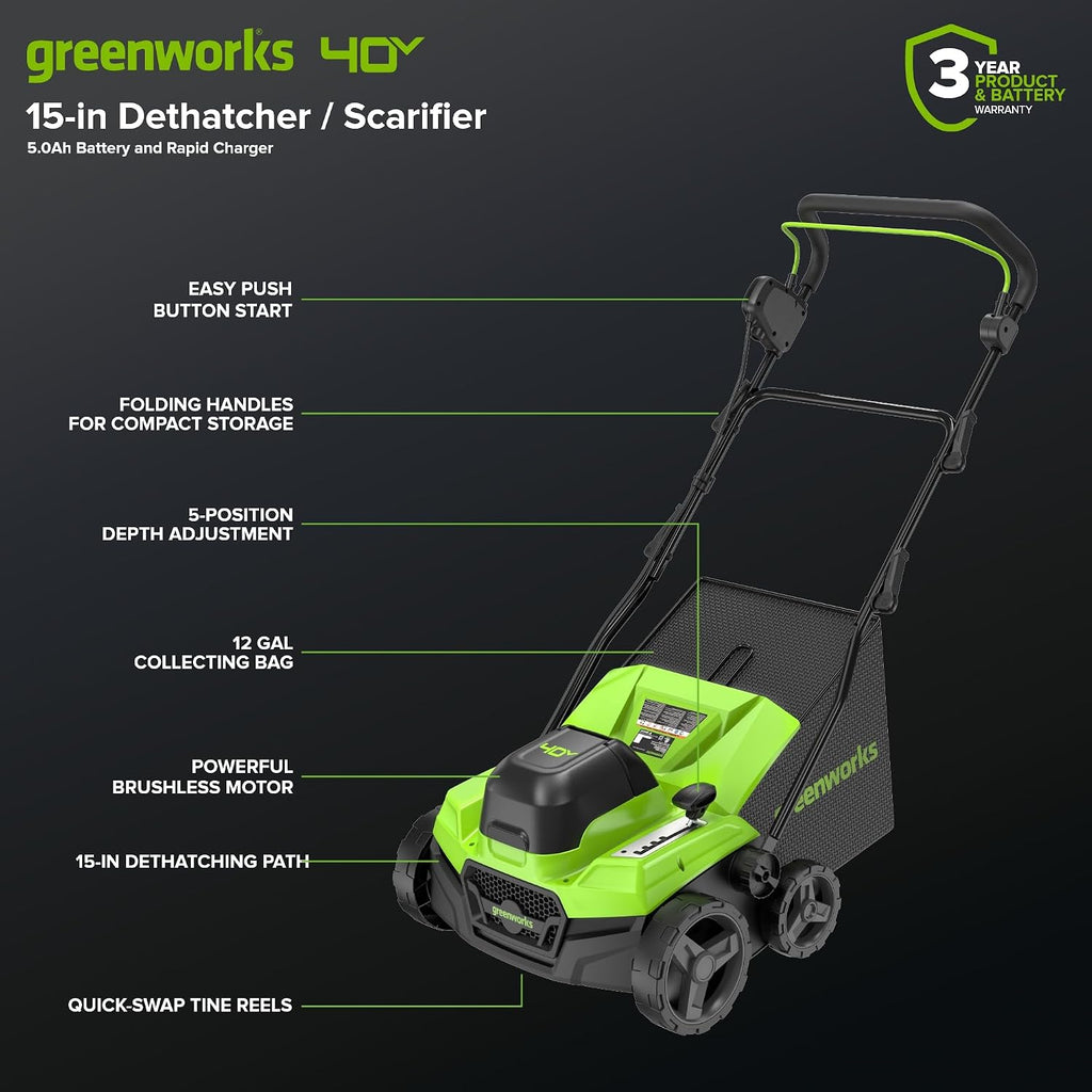 Greenworks 40V 15-Inch 2-in-1 Dethatcher & Scarifier, 5.0Ah Battery & Rapid Charger Included, Brushless Motor, 5-Position Depth Adjustment