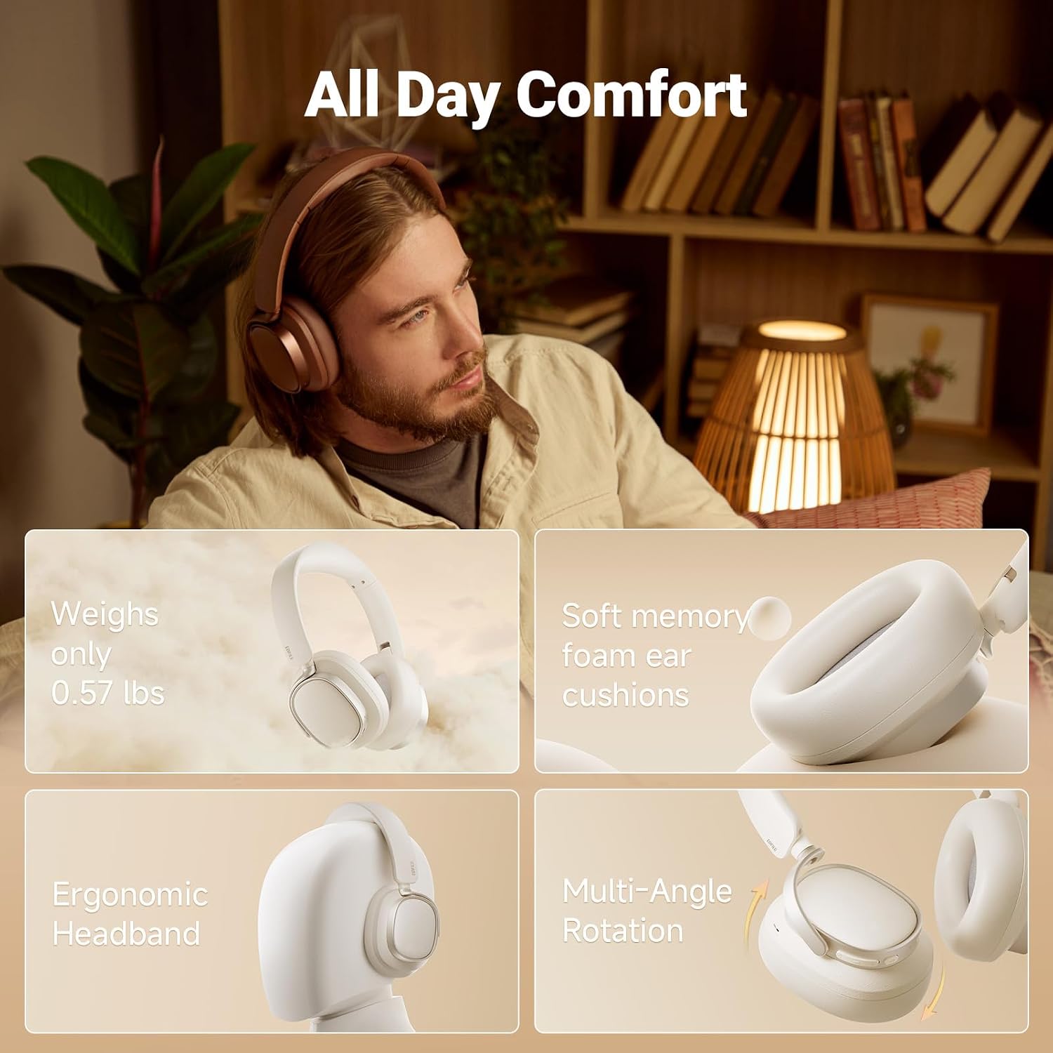 Edifier Active Noise Cancelling Headphones, Over Ear Bluetooth Headset, 92H Playtime Wired & Wireless Hi-Res Audio Certified, Fast Charging Clear Calls for Home Office Travel (Brown)