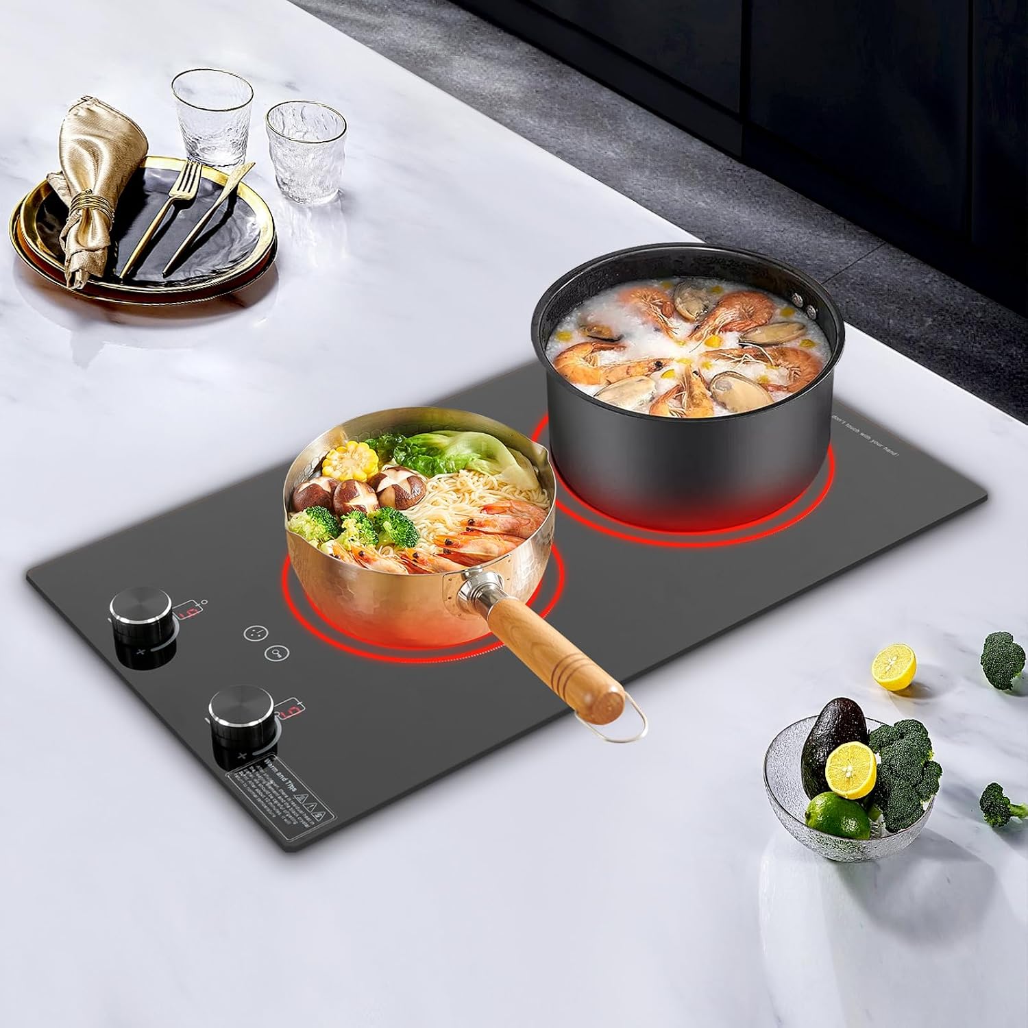 Electric Cooktop, 110V Electric Ceramic Cooktop, Double-burner Ceramic Electric Hob, Portable Countertop Burner, Touch Control, 1800W Countertop Burner, Electric Hob Top with Knob Control
