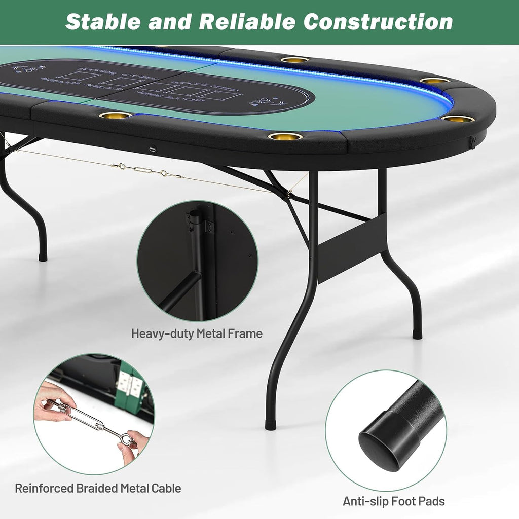 Goplus 84' Foldable Poker Table with LED Lights, 10 Players Card Board Game Table w/Casino Grade Felt, Steel Cup Holder, Padded Rails, for Texas Hold'em, Blackjack, No Assembly Required (Green)