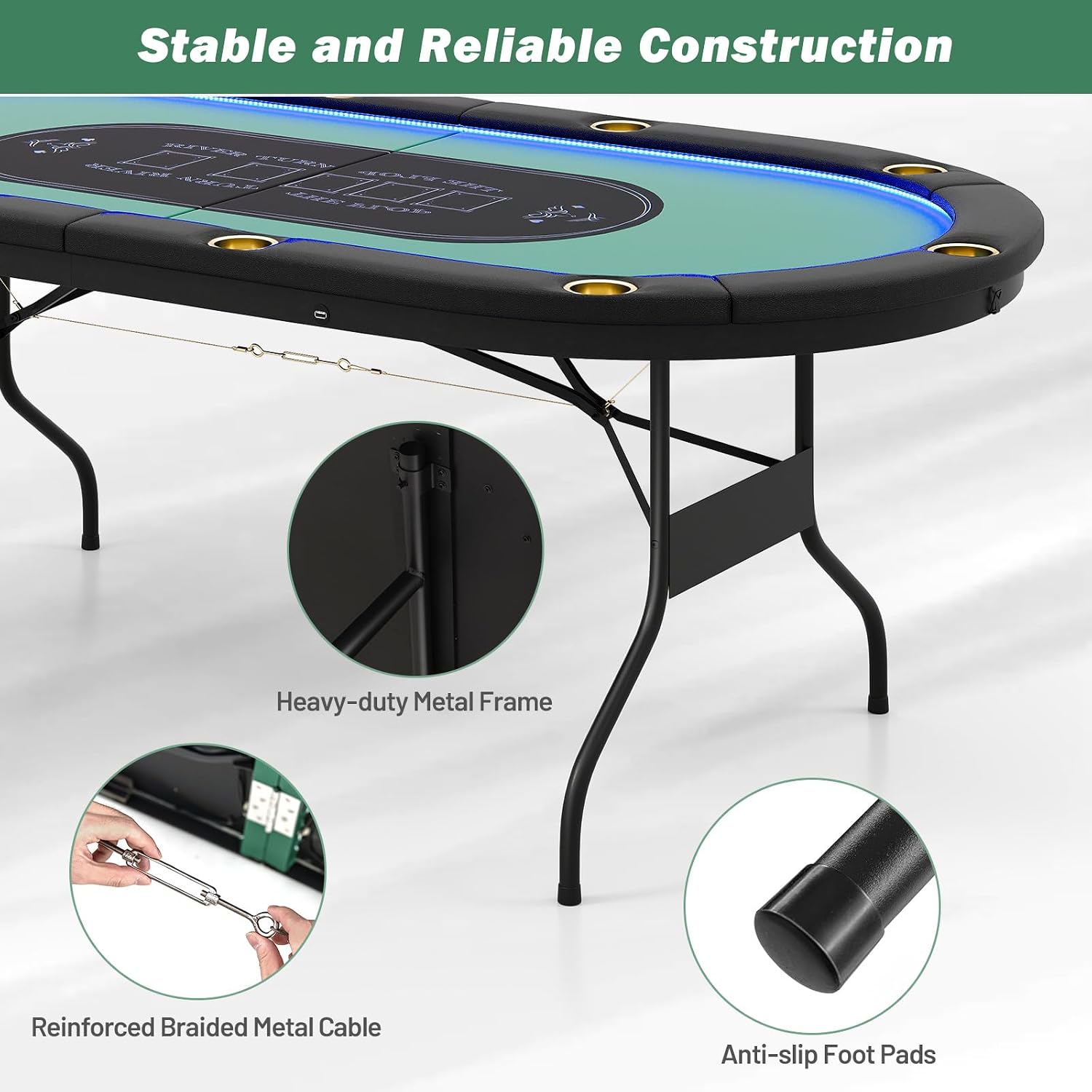 Goplus 84' Foldable Poker Table with LED Lights, 10 Players Card Board Game Table w/Casino Grade Felt, Steel Cup Holder, Padded Rails, for Texas Hold'em, Blackjack, No Assembly Required (Green)