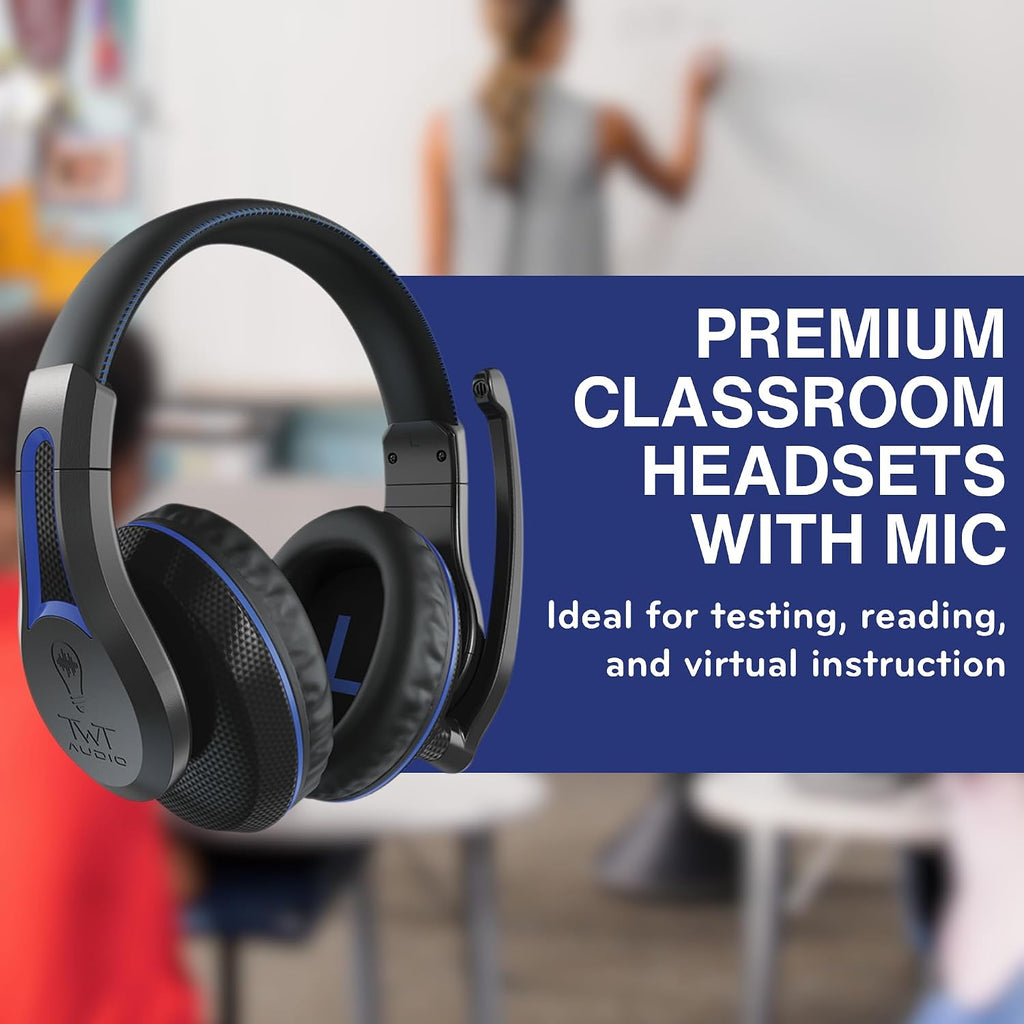TWT Audio Classroom Headsets with Microphone – Duro TW210 2nd Gen Over Ear Wired Headphones Bulk 20 Pack, Durable, Comfortable 3.5mm Headset with Mic for School, Labs, Testing, Students