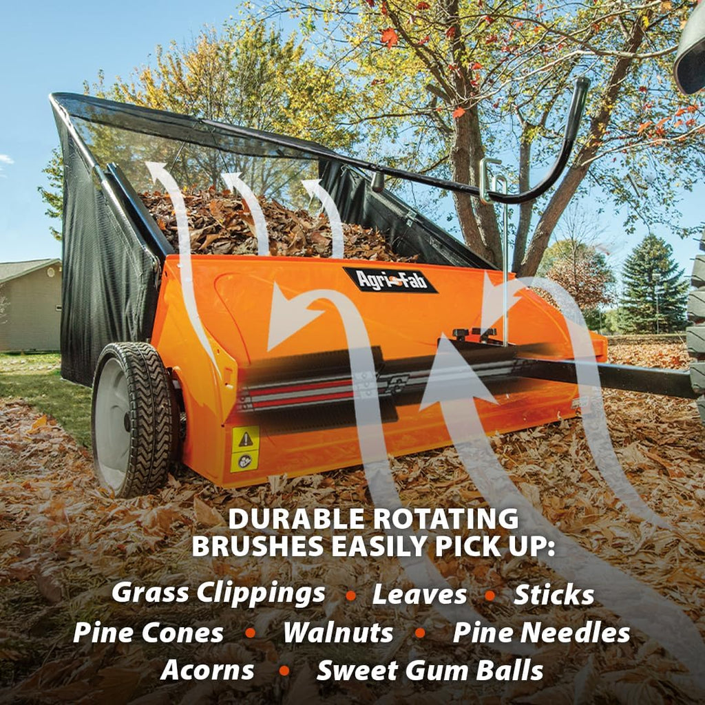 Agri-Fab 45-0492 44' Tow-Behind Lawn Sweeper, 28 cu. ft Hopper Bag Capacity; Leaf & Grass Catcher, with Adjustable Brush Height and Dump From Seat Handle