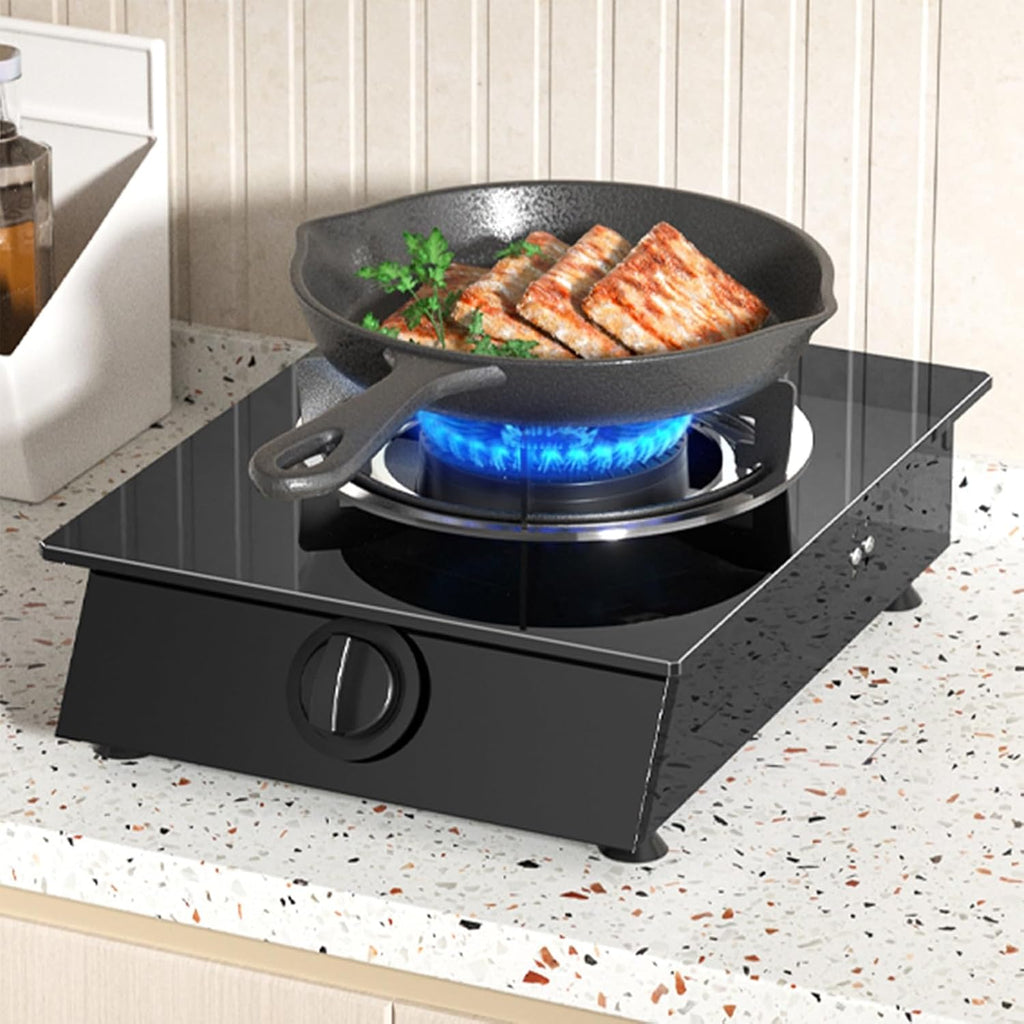 Gas Cooker 1 Burner,4.2KW Gas Stove,Gas/LP Gas Conversion Stove,Tempered Glass Cast Iron Pot Rack,with Flameout Protection,for Home Kitchen(LPG)