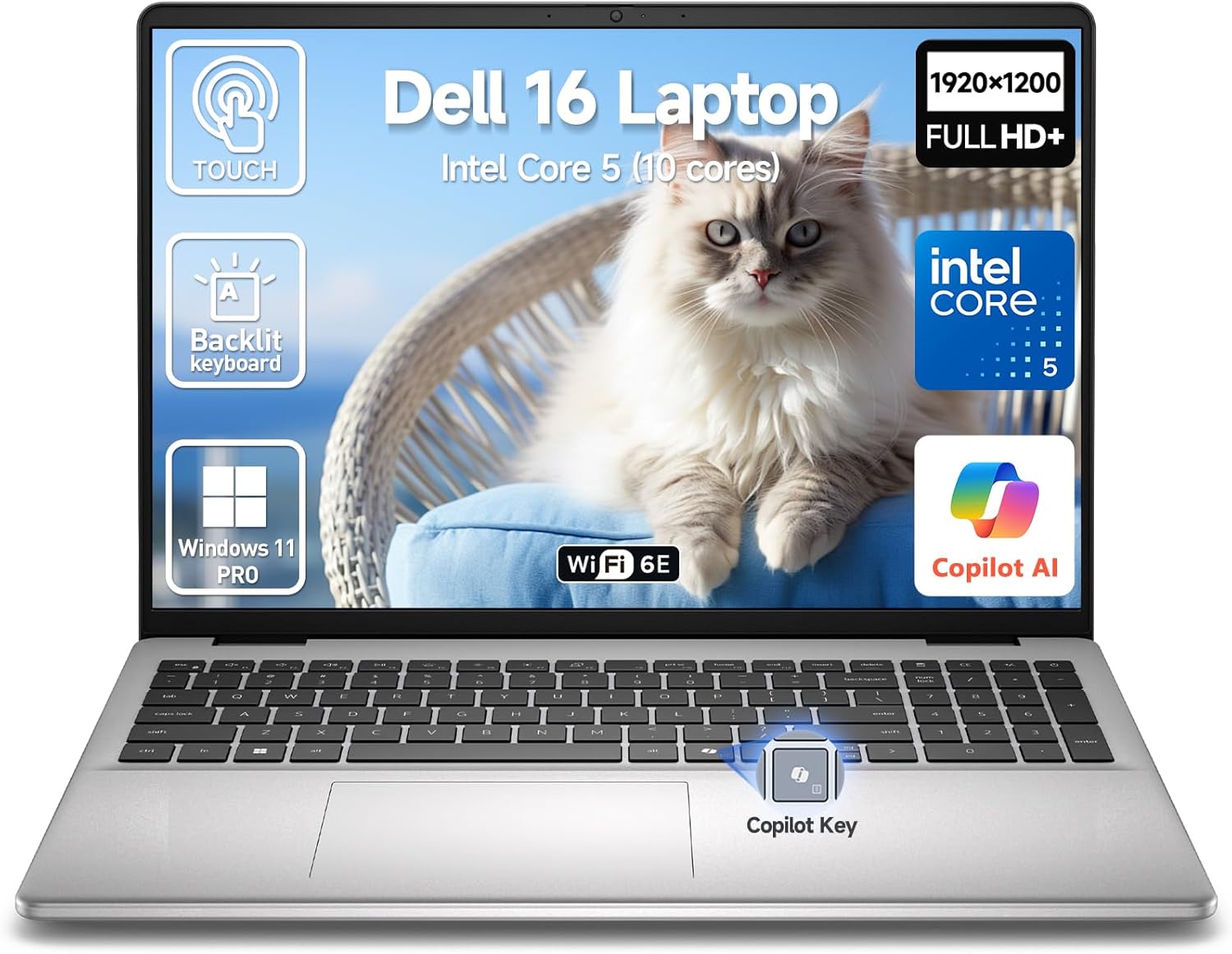 Dell 2026 16 Touchscreen Laptop Computer, 16' FHD+ Touch Screen Business Laptop, Intel Core 5 (10-Cores, Beat i7-1355U), 16GB DDR5 512GB SSD, Windows 11 Pro, Backlit Keyboard, Wi-Fi 6E, Copilot Key