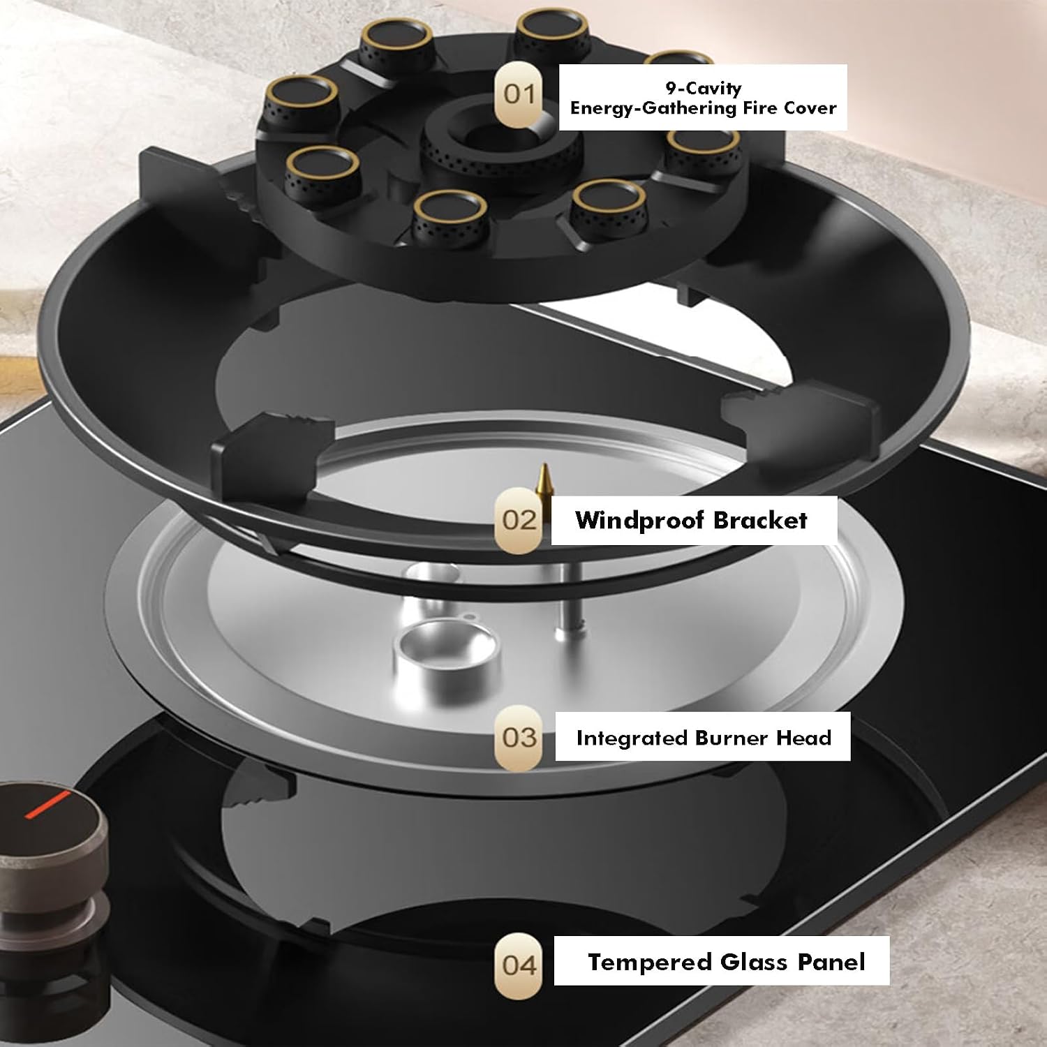 Gas Stove 1 Burner,5.2W 9-Cavity High-fire Frying Pan,Tempered Glass Cast Iron Pot Rack,Gas/LP Gas Conversion Stove,with Flameout Protection,for Home Kitchen(NG)