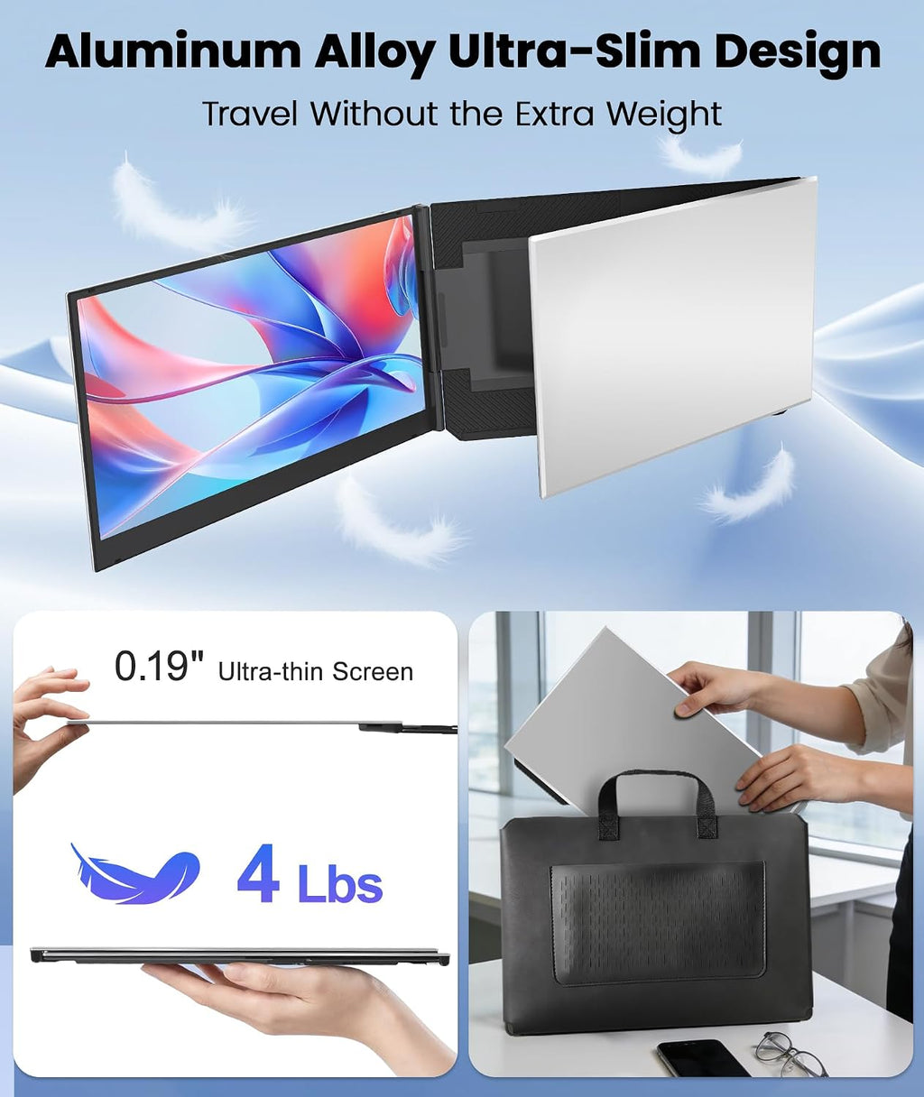 One Cable Laptop Screen Extender, 15.6' Ultra-Slim Triple Portable Monitor, 1080P FHD IPS Display, USB-C/USB-A Connection, Travel Monitor for 13–17.3' Laptops, MacOS/Windows/Android