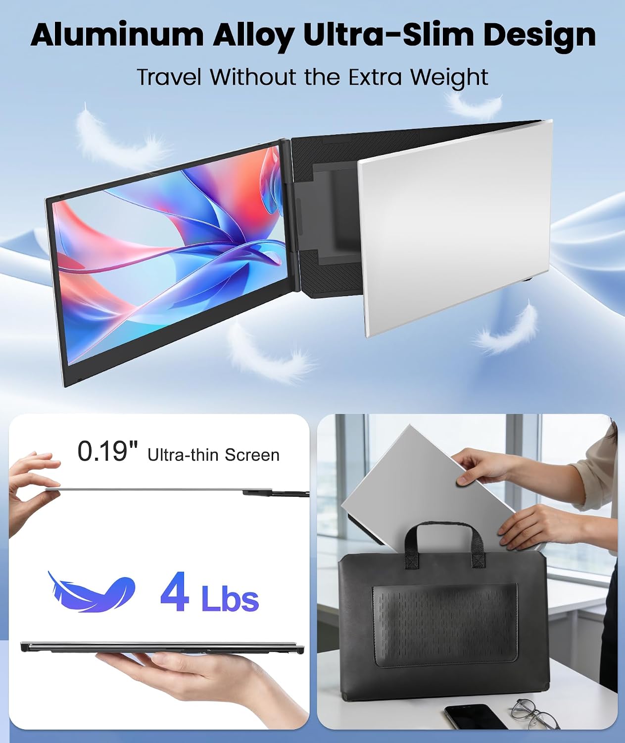 One Cable Laptop Screen Extender, 15.6' Ultra-Slim Triple Portable Monitor, 1080P FHD IPS Display, USB-C/USB-A Connection, Travel Monitor for 13–17.3' Laptops, MacOS/Windows/Android