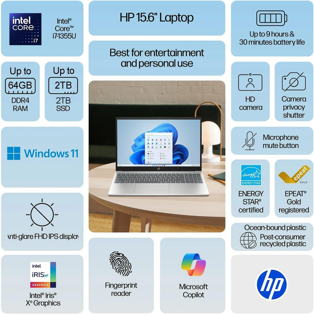 HP New 2026 Edition Core i7 15.6' Laptop | Intel Core i7-1355U up to 5.0GHz | 16GB RAM - 1TB PCIe SSD |Webcam | FHD | Long Battery Life | Windows 11 | Business & Academic