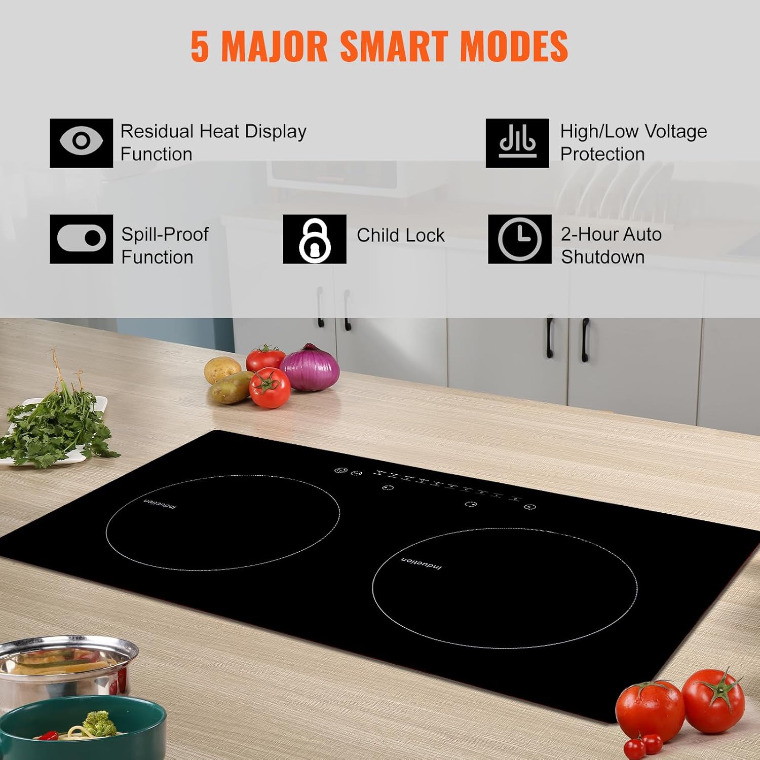 Happybuy Electric Cooktop, 2 Burners, 24'' Induction Stove Top, Built-in Magnetic Cooktop 1800W, 9 Heat Levels, LED Touch Control with Child Lock & Overheat Protection