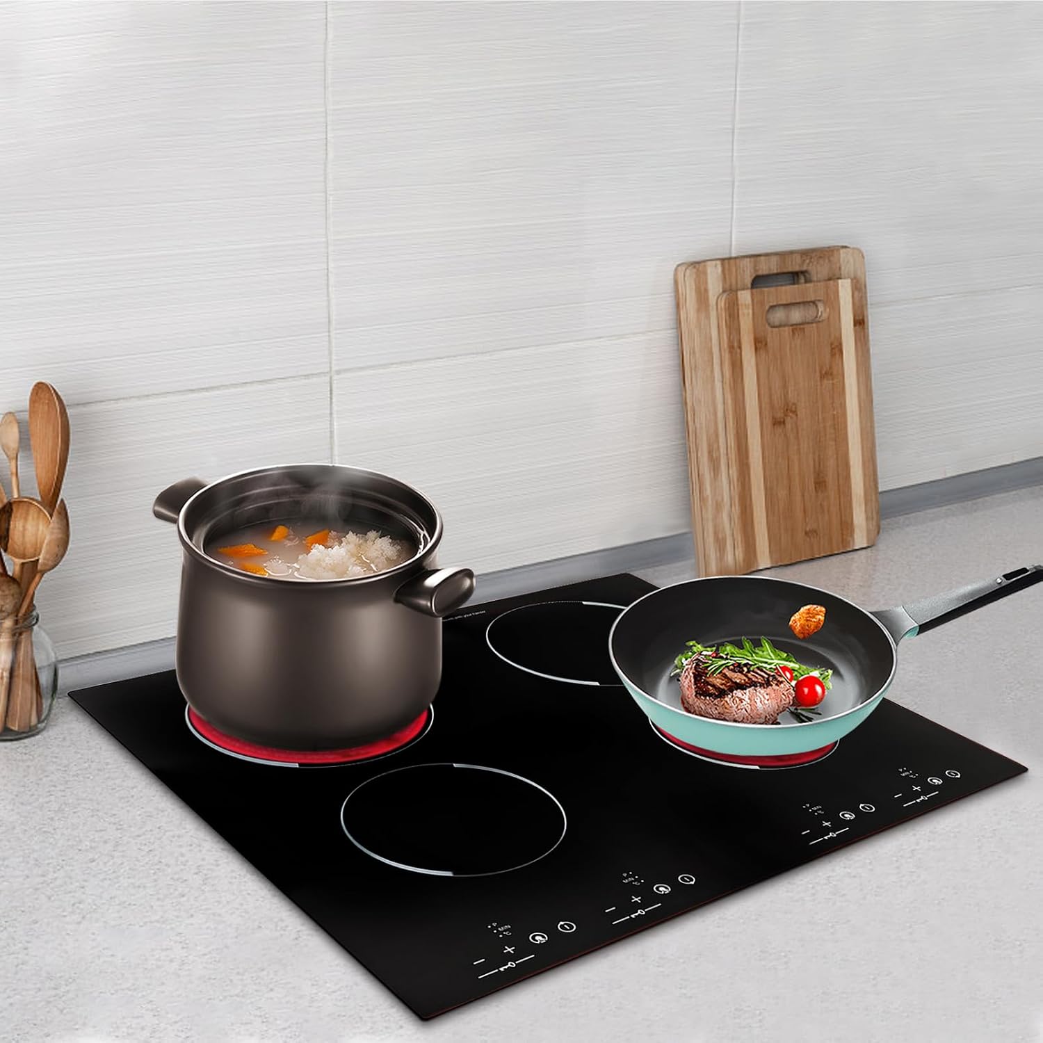4 Burners Electric Cooktop 3000W Electric Ceramic Cooktop 24 Inch Built-in Electric Stove Top Electric Ceramic Cooker Electric Hot Plate, Time & Temp Adjustable, No Plug
